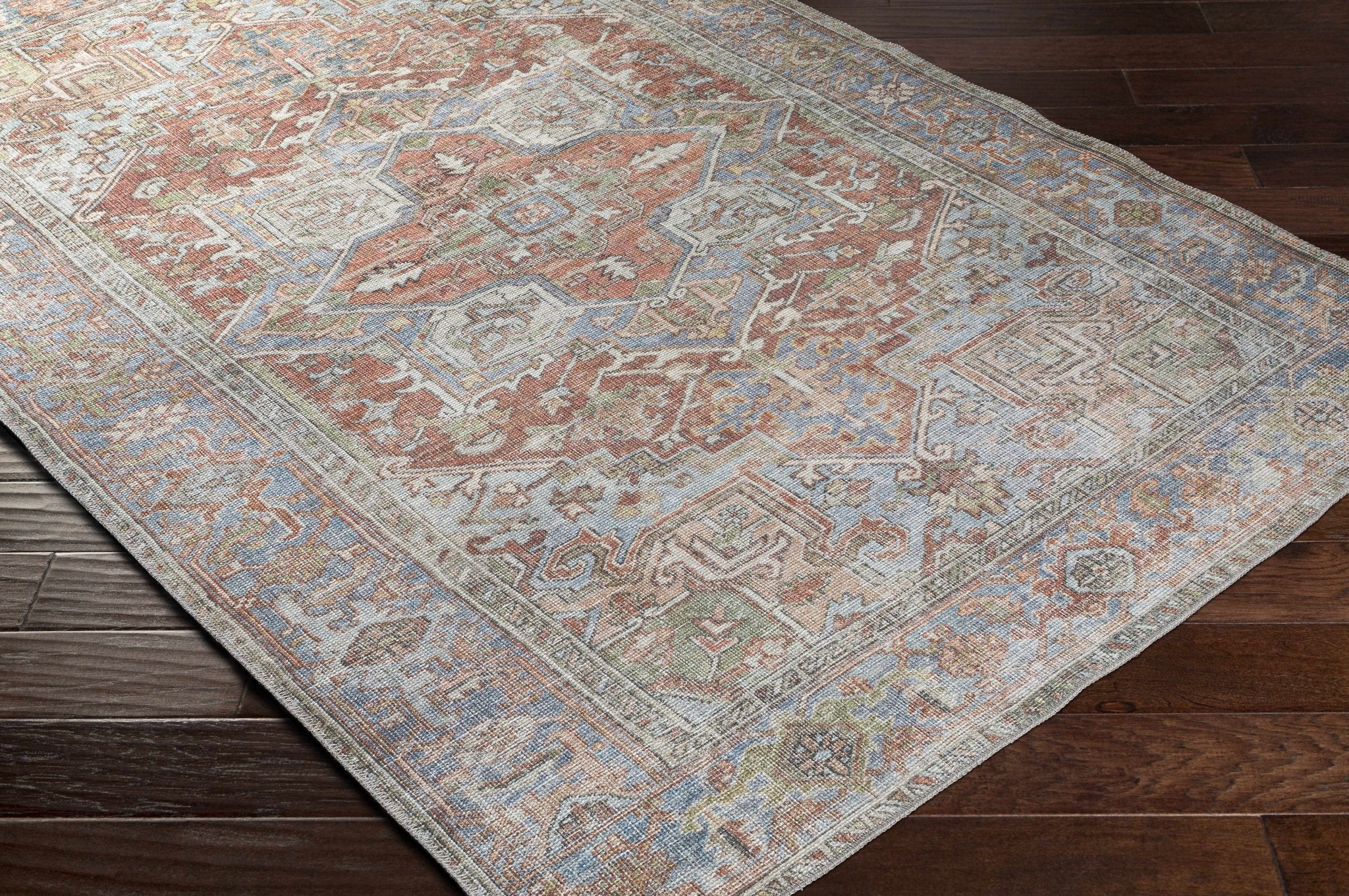 Rust, Silver and Blue Traditional Medallion design Machine Washable Rug - Image 8