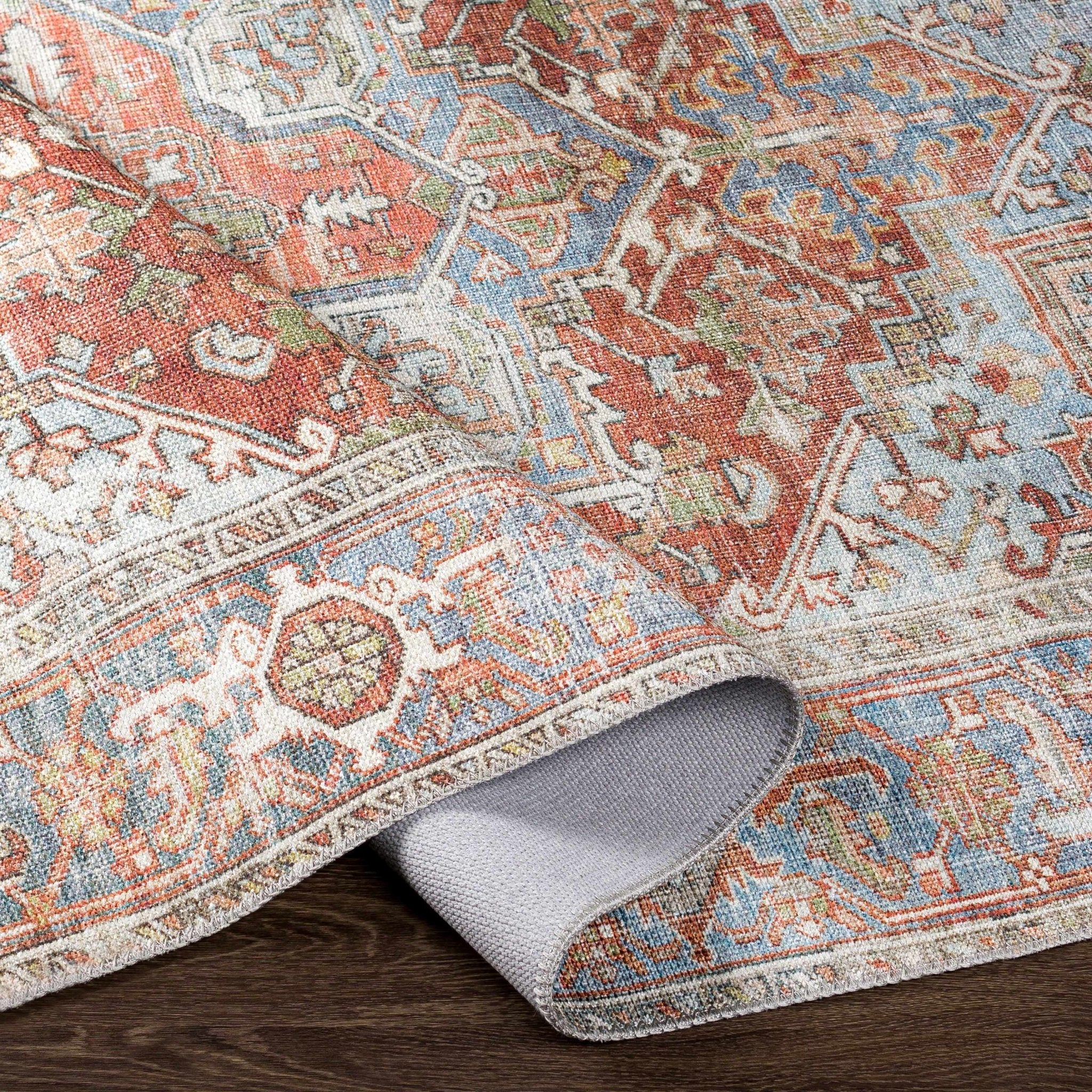 Rust, Silver and Blue Traditional Medallion design Machine Washable Rug - Image 9