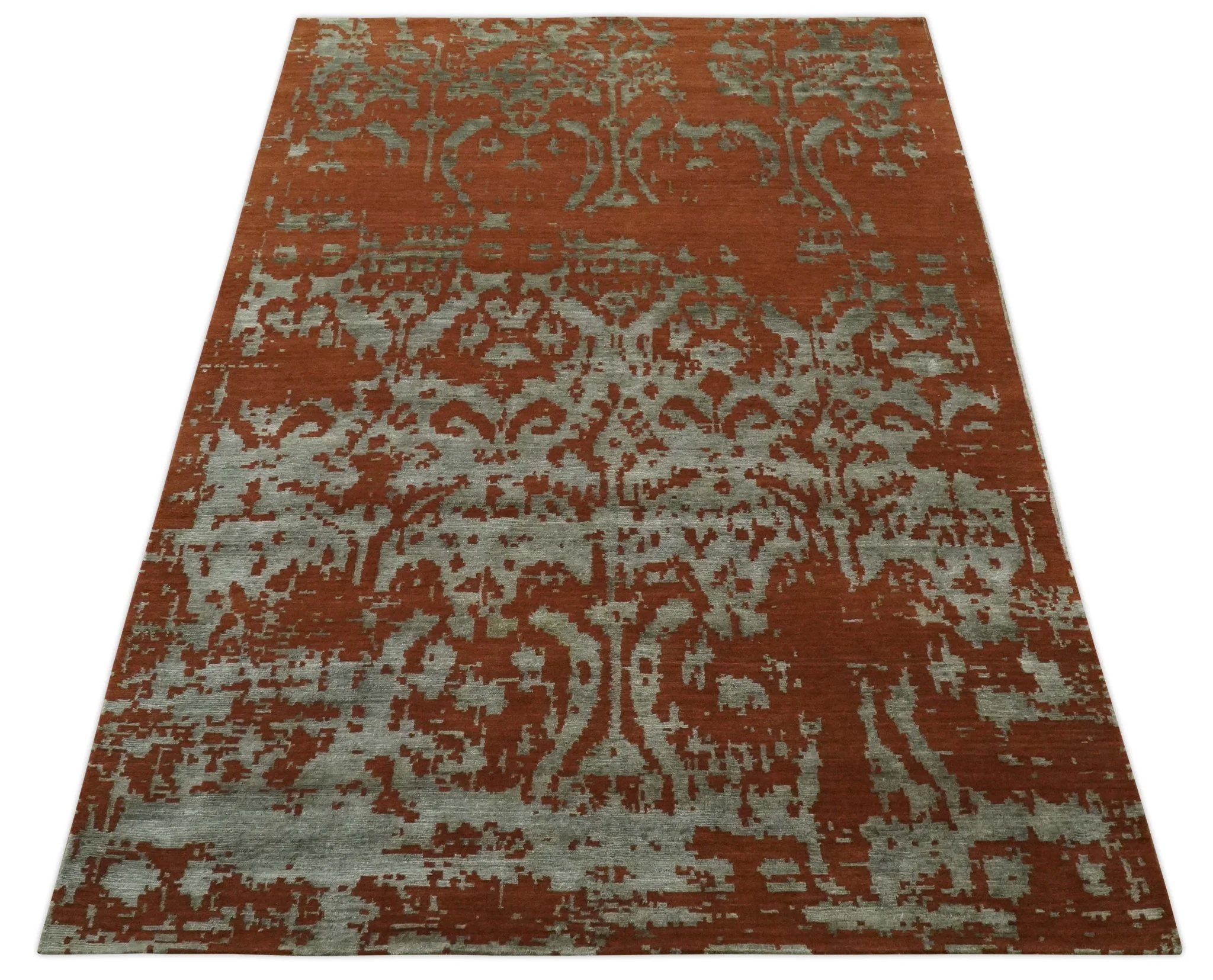 6x9 Rust, Silver and Gray Traditional ikat design Hand loom wool and Viscose Area Rug - Image 10