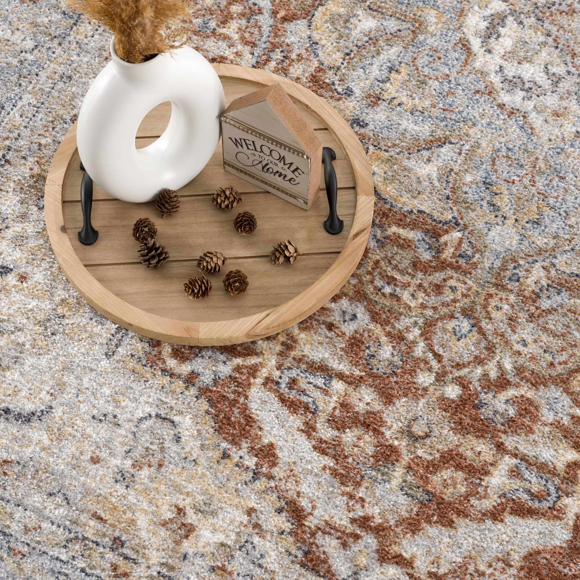 Traditional Medallion Design Machine woven Rust, Silver, Ivory and Beige Washable Rug - Image 13