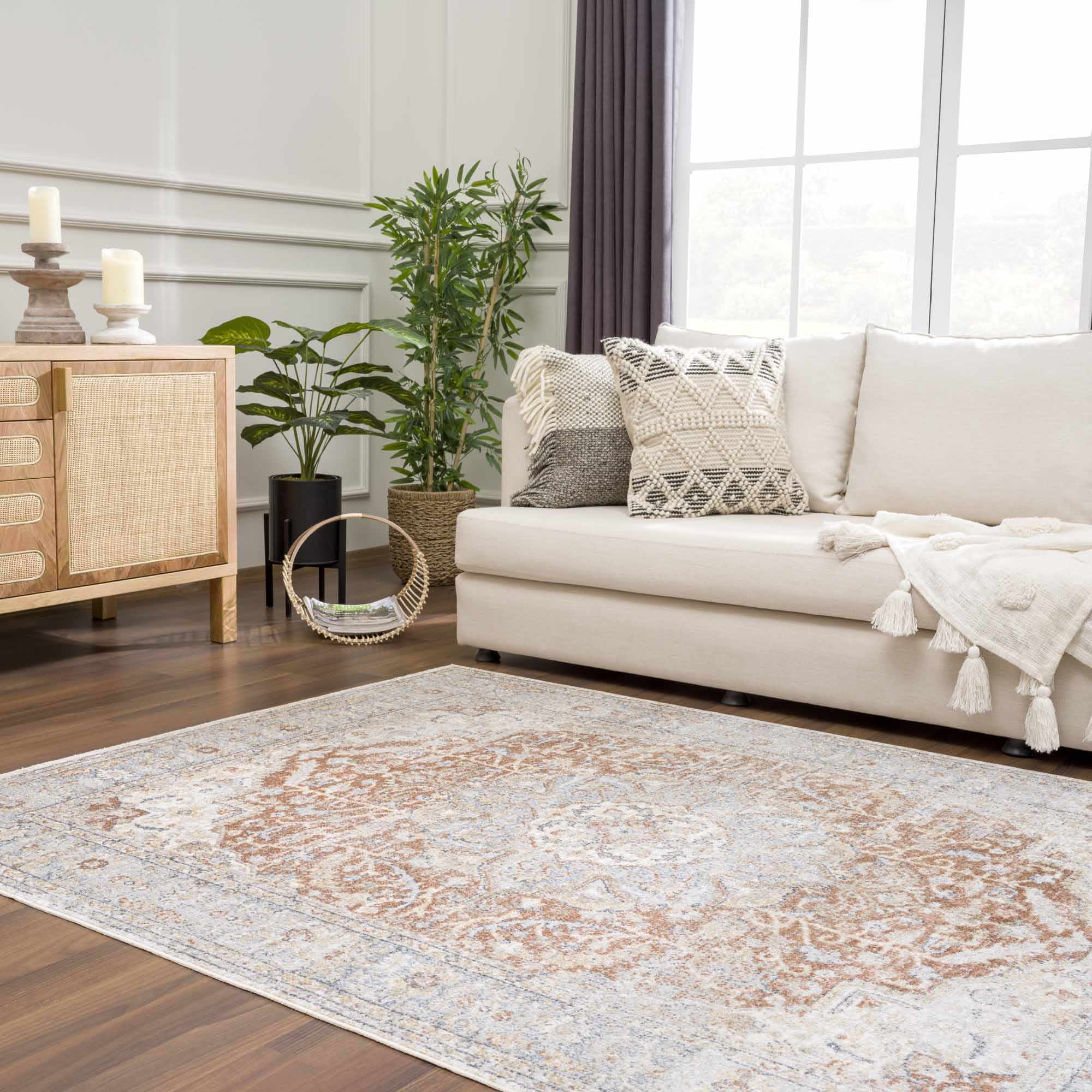 Traditional Medallion Design Machine woven Rust, Silver, Ivory and Beige Washable Rug - Image 17