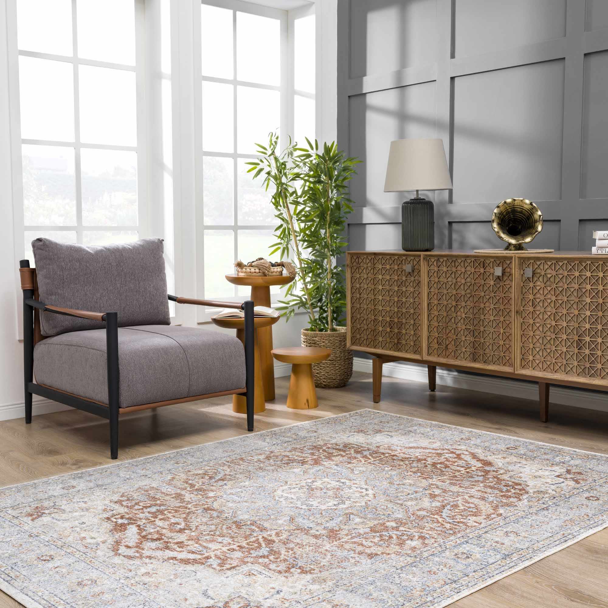 Traditional Medallion Design Machine woven Rust, Silver, Ivory and Beige Washable Rug - Image 18
