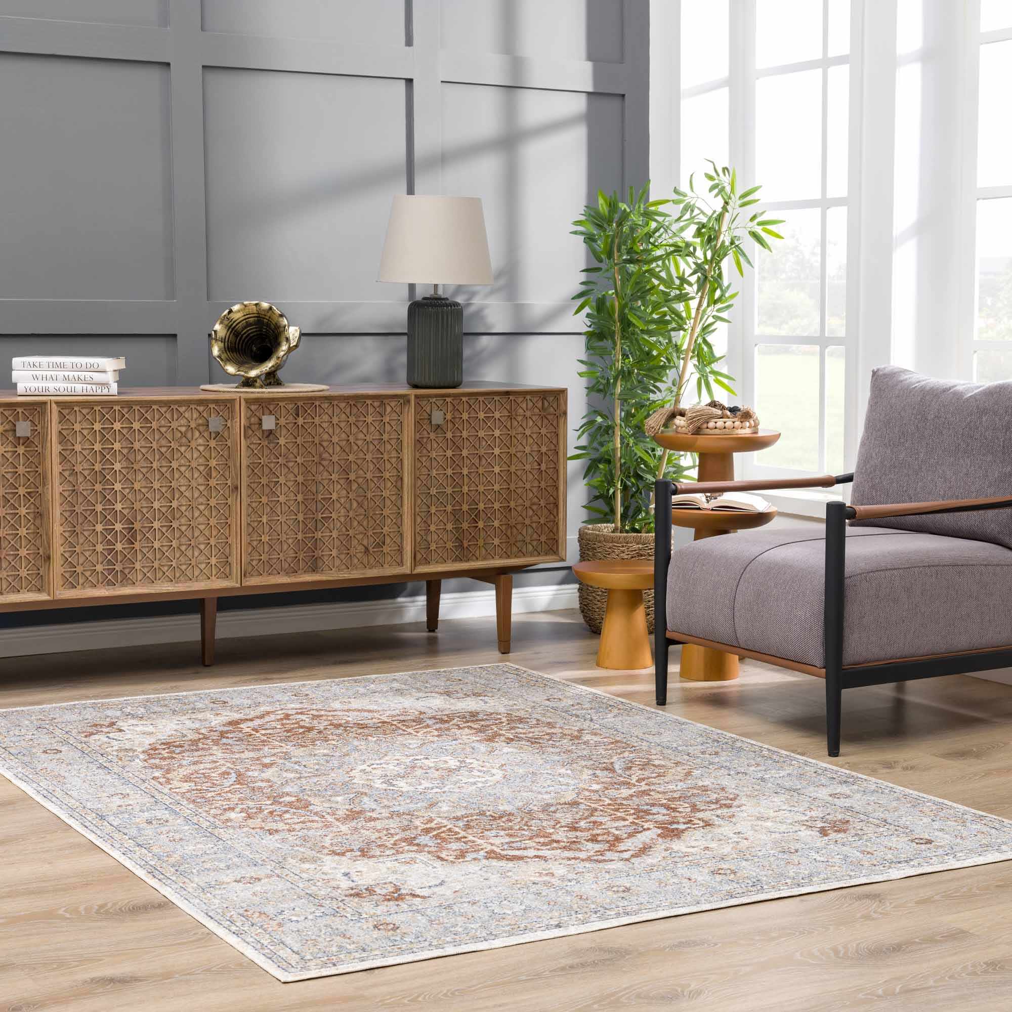 Traditional Medallion Design Machine woven Rust, Silver, Ivory and Beige Washable Rug - Image 19