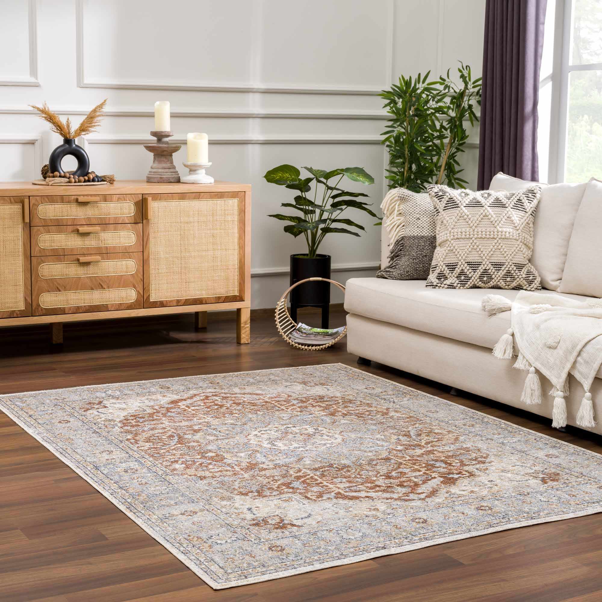Traditional Medallion Design Machine woven Rust, Silver, Ivory and Beige Washable Rug - Image 3