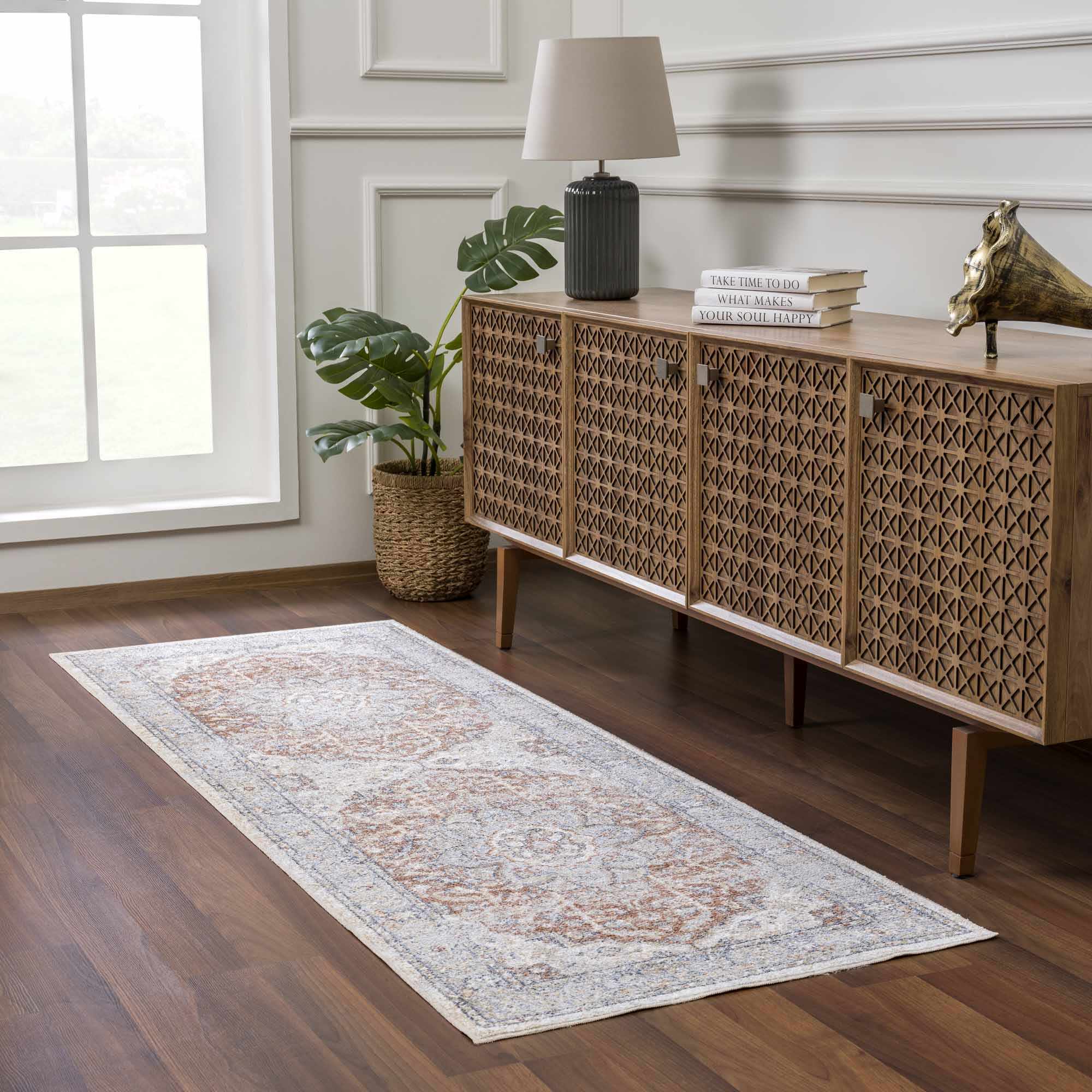 Traditional Medallion Design Machine woven Rust, Silver, Ivory and Beige Washable Rug - Image 4