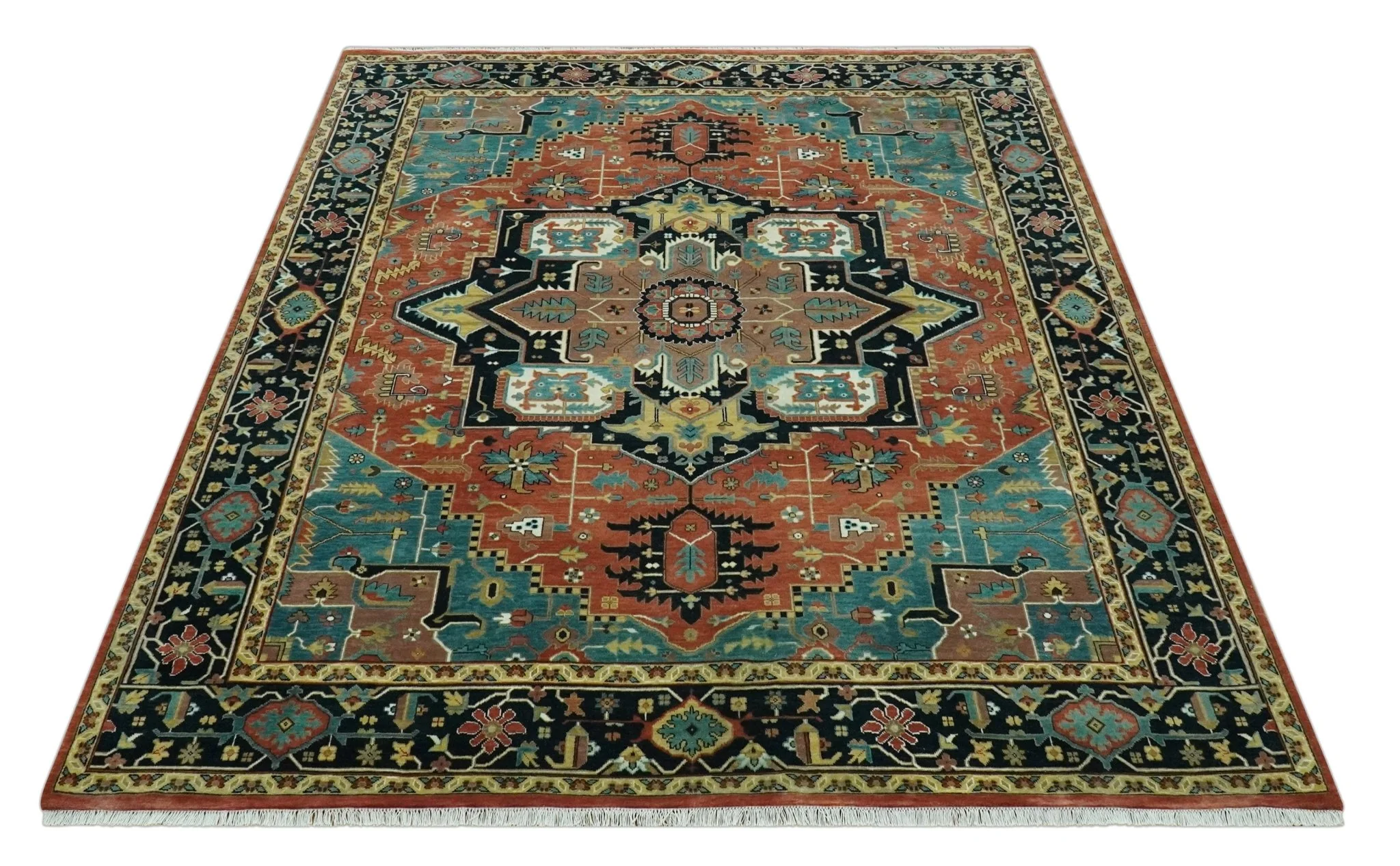 8x10 Fine Hand Knotted Rust, Teal and Dark Blue Traditional Heriz wool area rug - Image 10