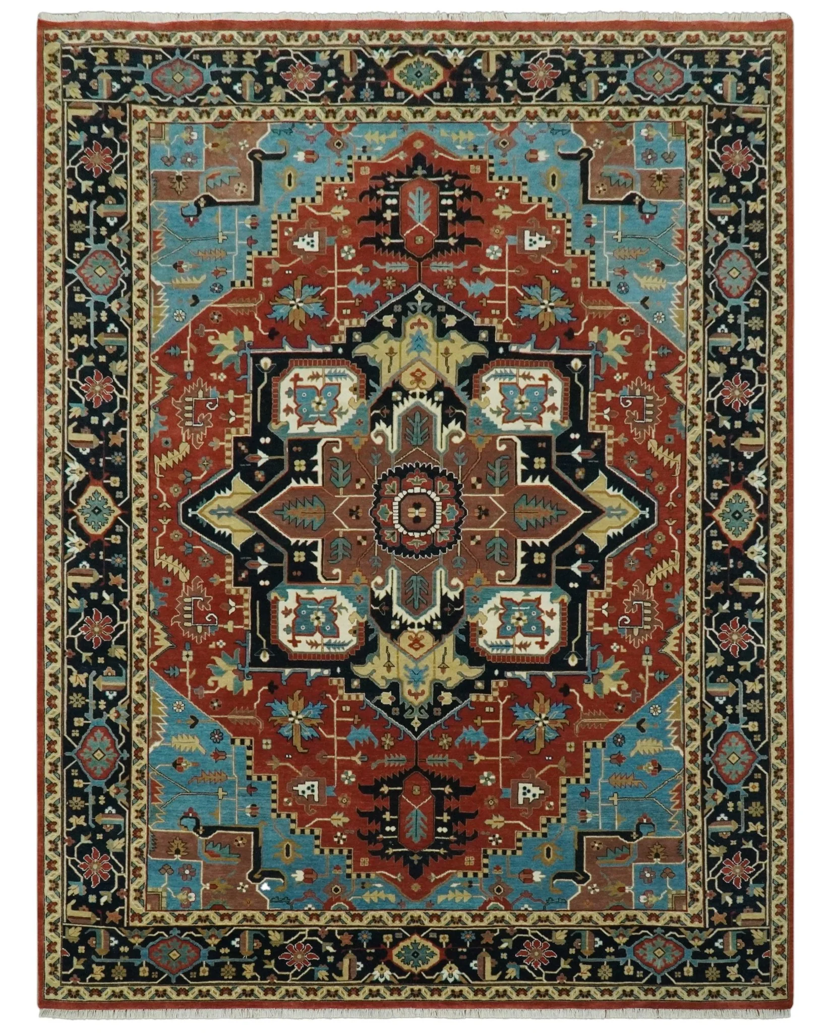 8x10 Fine Hand Knotted Rust, Teal and Dark Blue Traditional Heriz wool area rug - Image 11