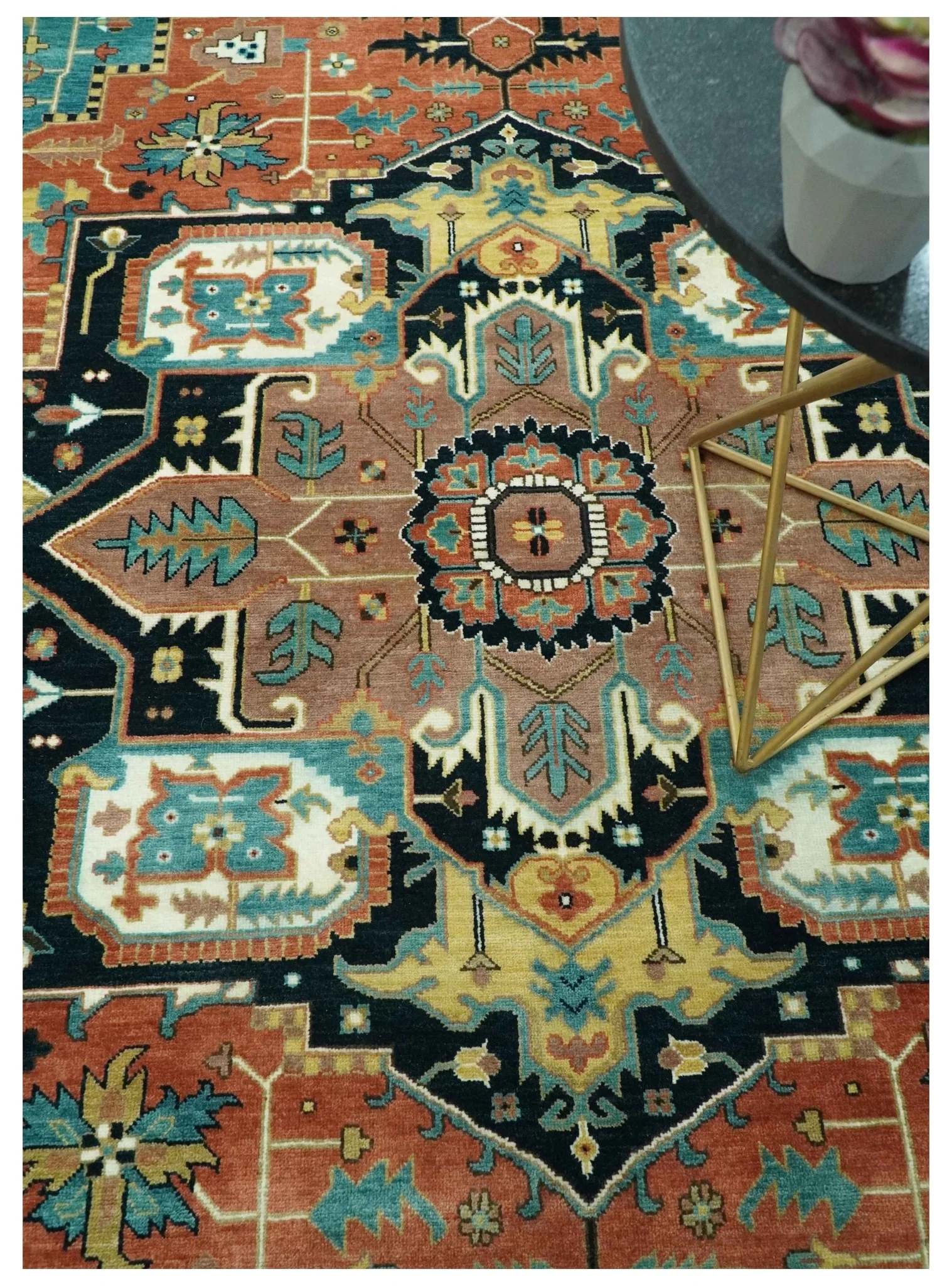 8x10 Fine Hand Knotted Rust, Teal and Dark Blue Traditional Heriz wool area rug - Image 2