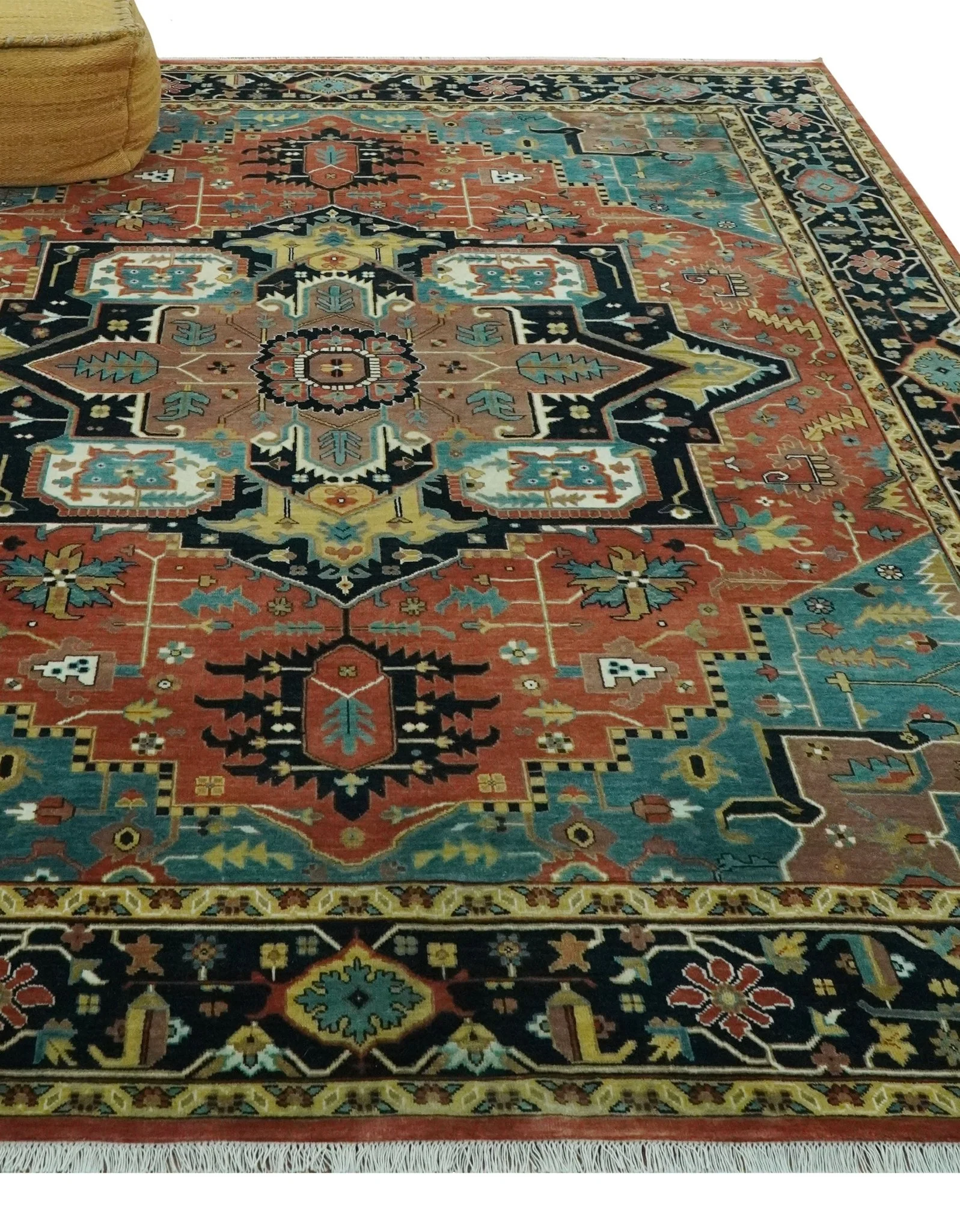 8x10 Fine Hand Knotted Rust, Teal and Dark Blue Traditional Heriz wool area rug - Image 3