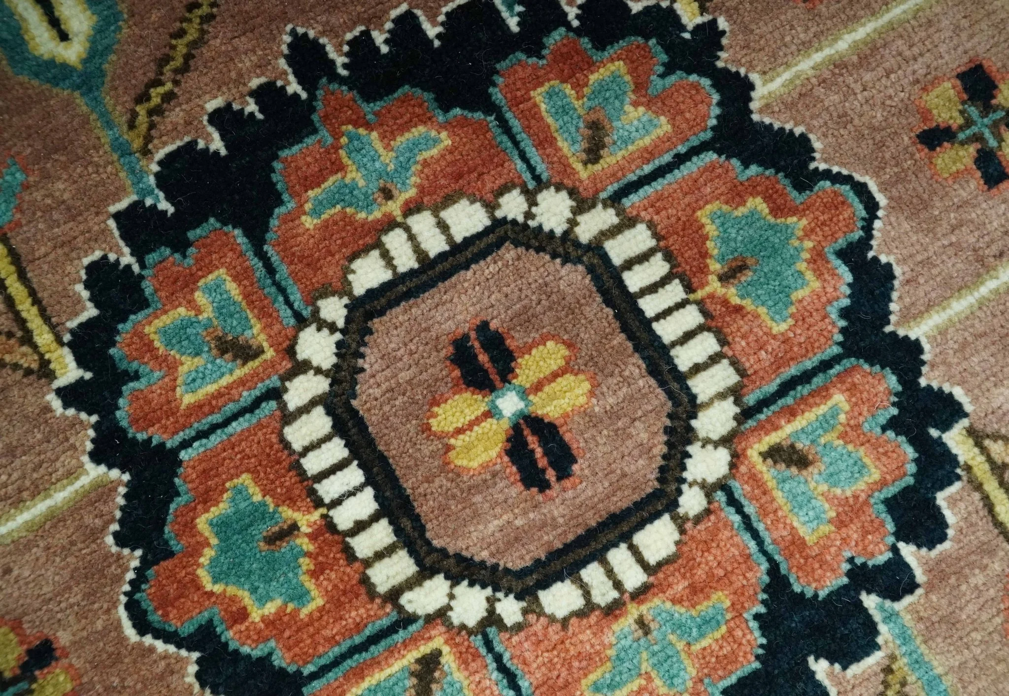 8x10 Fine Hand Knotted Rust, Teal and Dark Blue Traditional Heriz wool area rug - Image 4