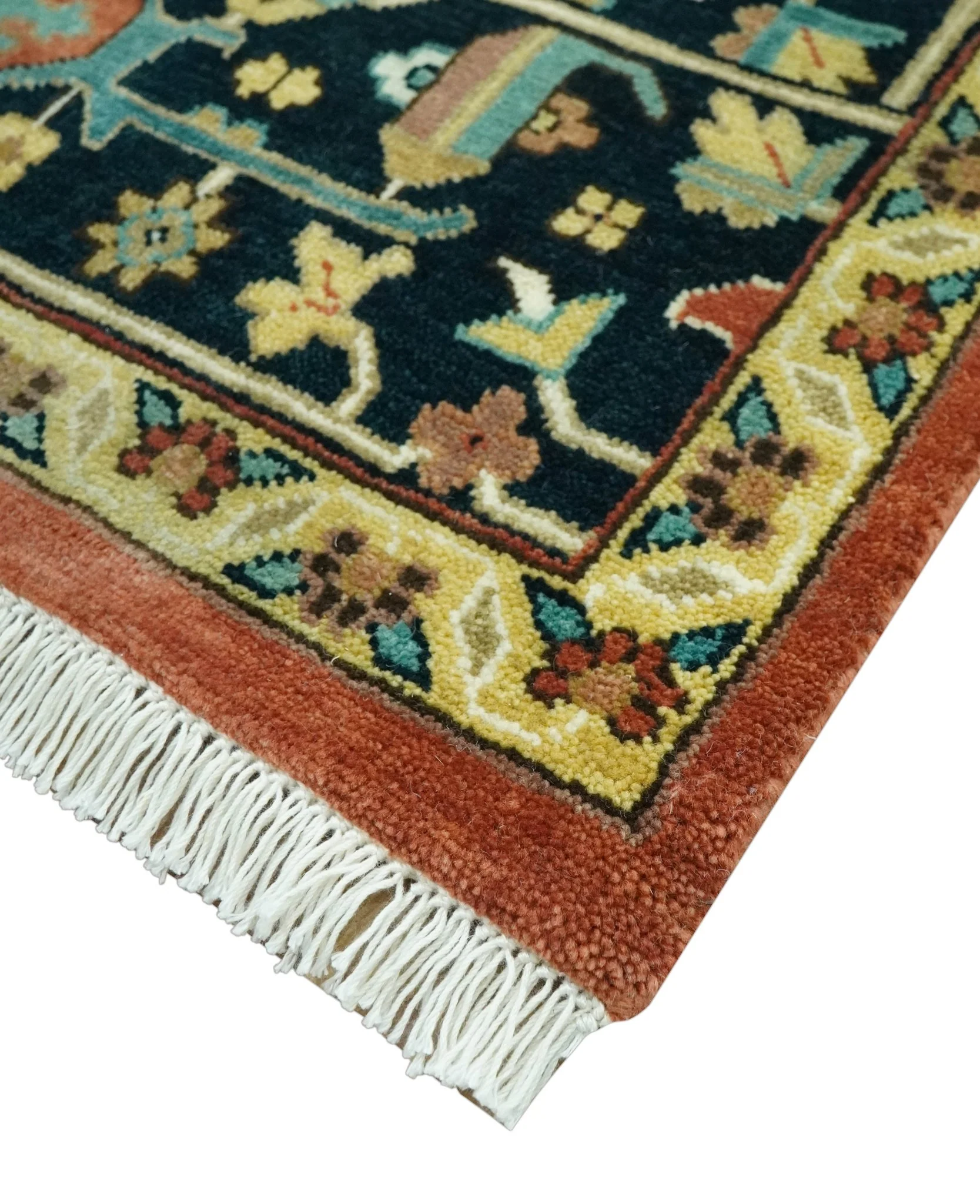 8x10 Fine Hand Knotted Rust, Teal and Dark Blue Traditional Heriz wool area rug - Image 5