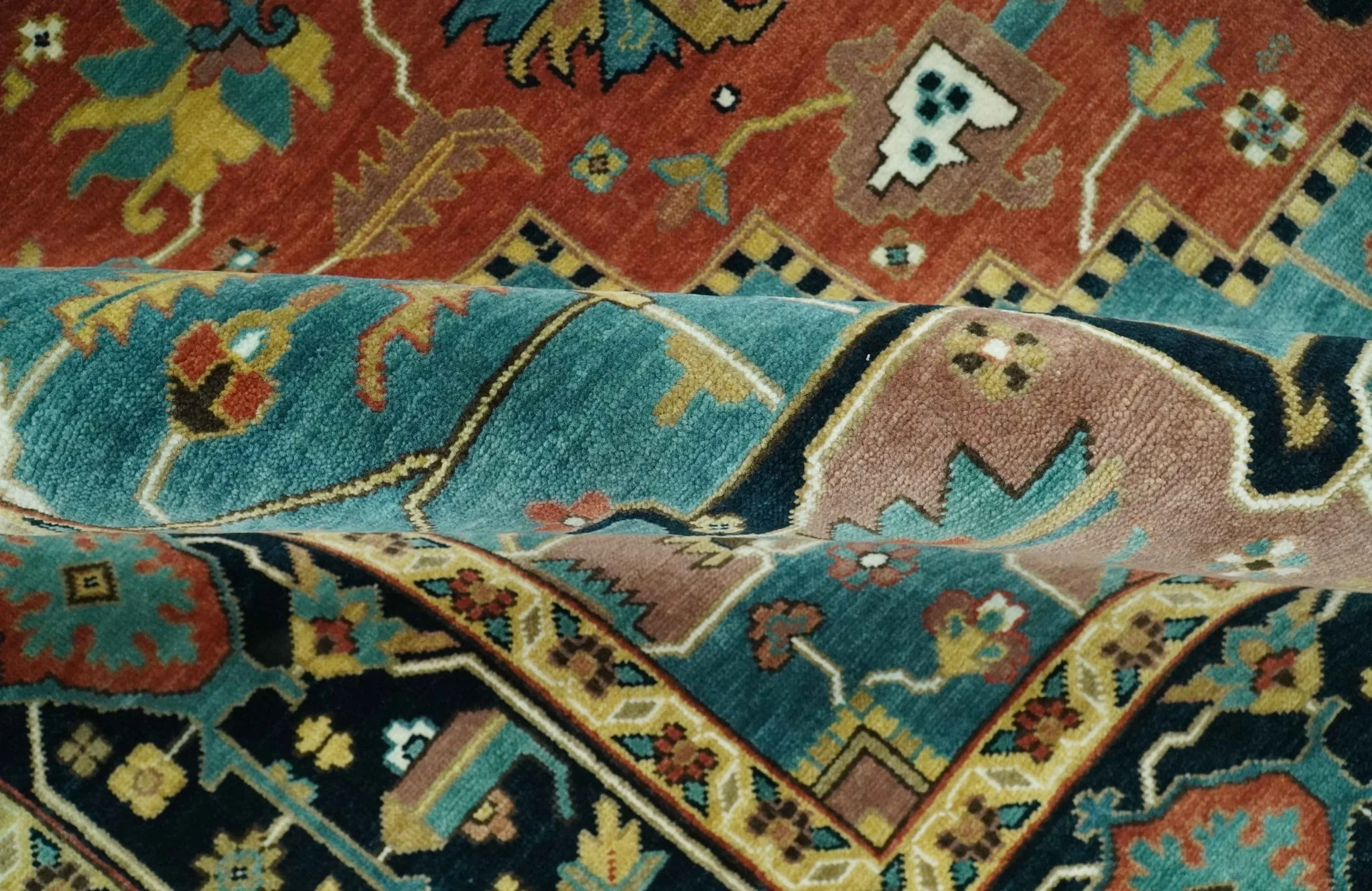 8x10 Fine Hand Knotted Rust, Teal and Dark Blue Traditional Heriz wool area rug - Image 6