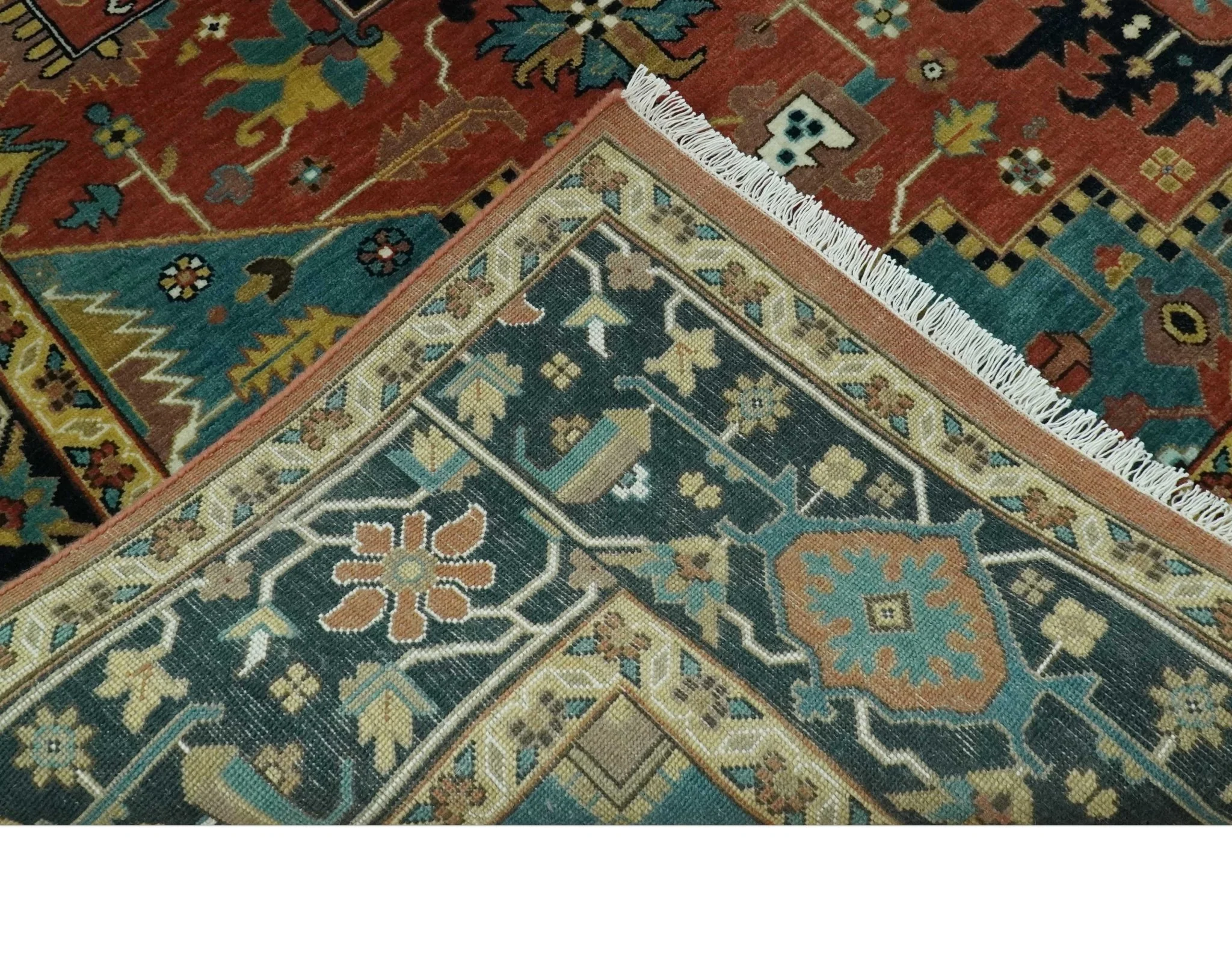 8x10 Fine Hand Knotted Rust, Teal and Dark Blue Traditional Heriz wool area rug - Image 7