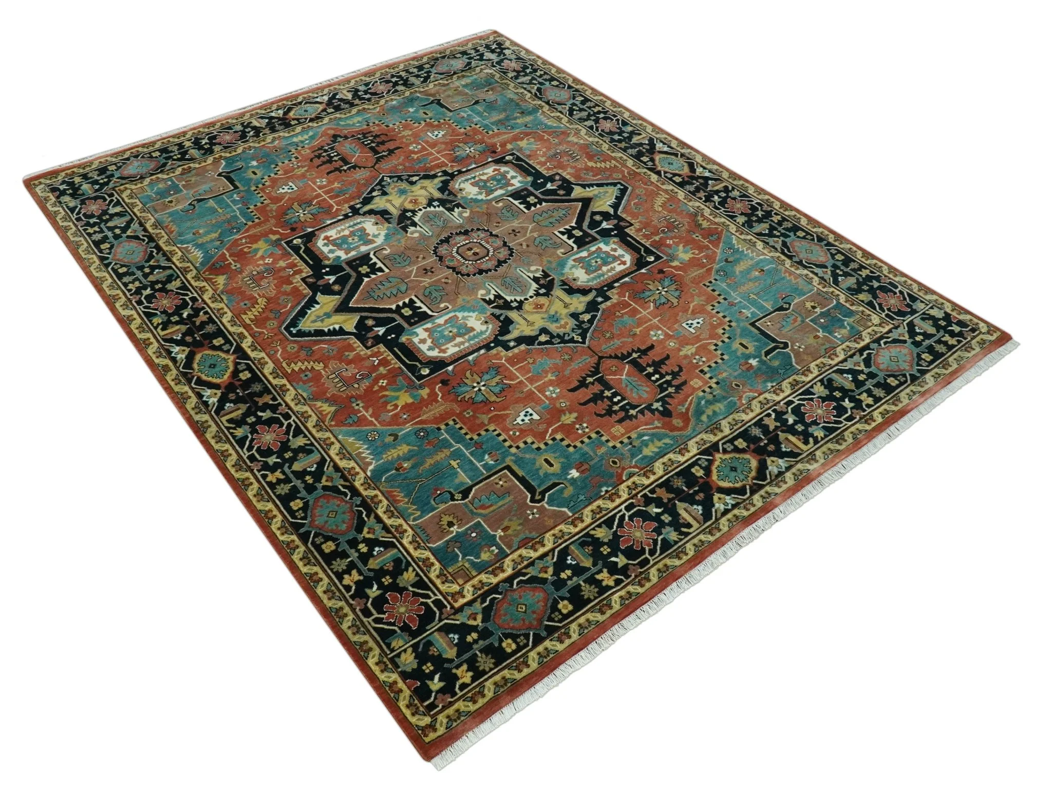 8x10 Fine Hand Knotted Rust, Teal and Dark Blue Traditional Heriz wool area rug - Image 9