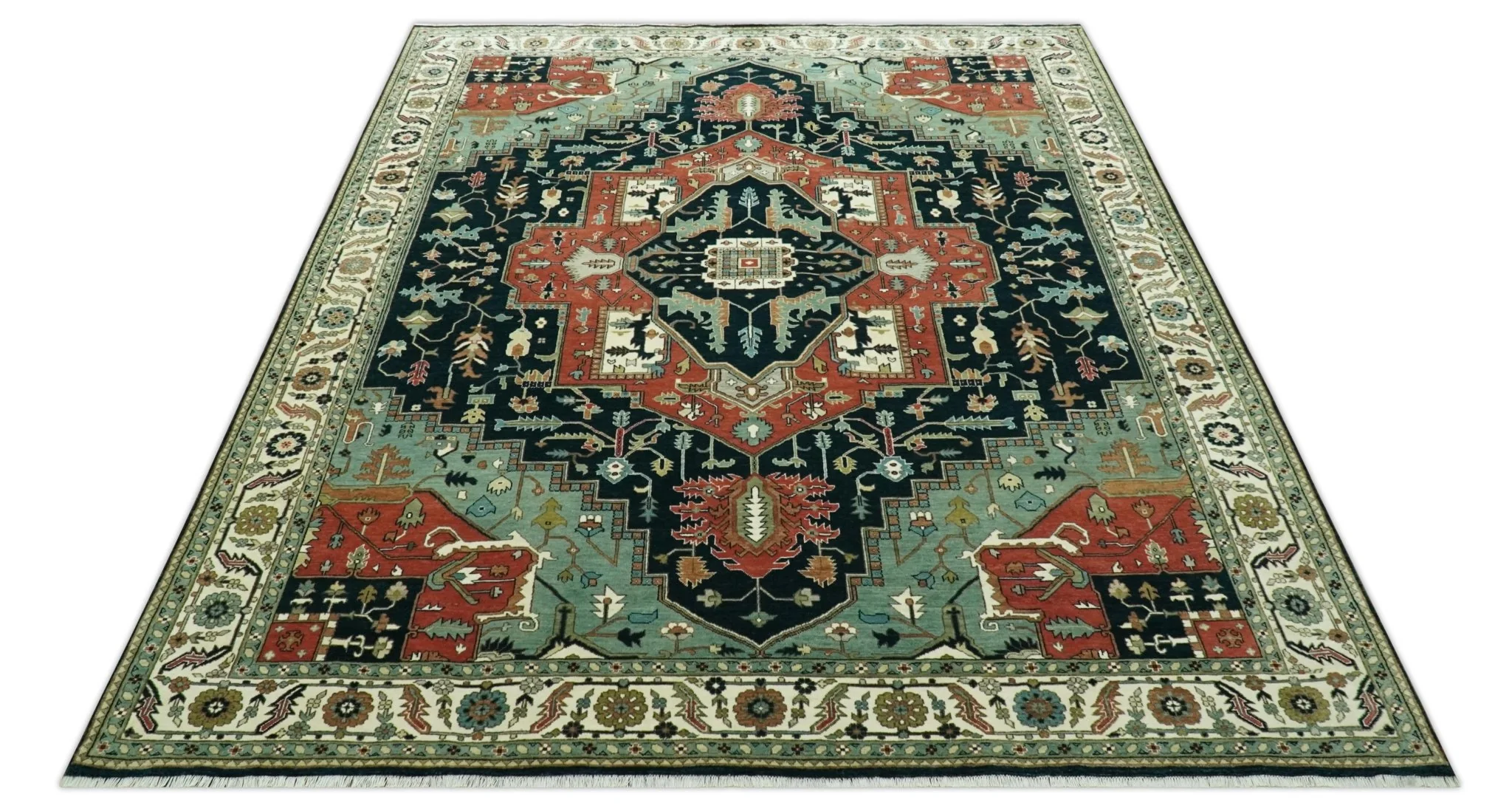 Antique Design Rust, Teal and Green Fine Hand knotted Traditional Heriz 9x12 wool area rug - Image 10