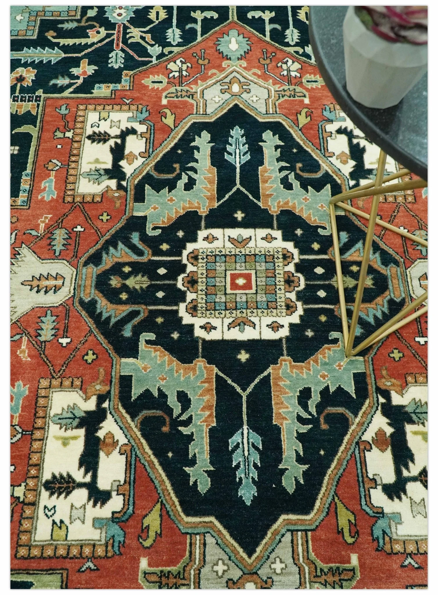 Antique Design Rust, Teal and Green Fine Hand knotted Traditional Heriz 9x12 wool area rug - Image 2
