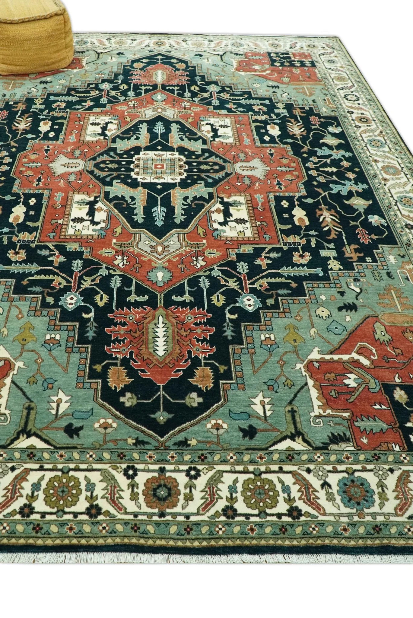 Antique Design Rust, Teal and Green Fine Hand knotted Traditional Heriz 9x12 wool area rug - Image 3