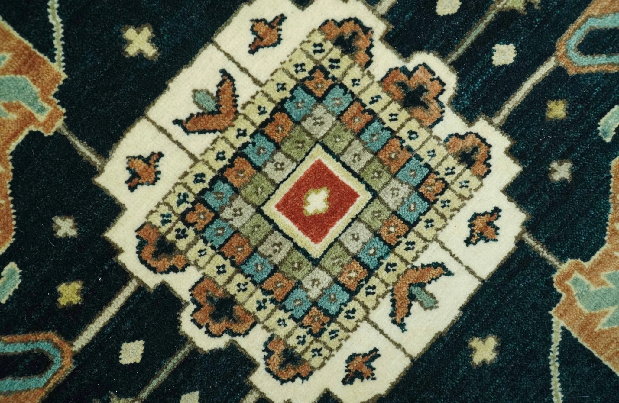 Antique Design Rust, Teal and Green Fine Hand knotted Traditional Heriz 9x12 wool area rug - Image 4