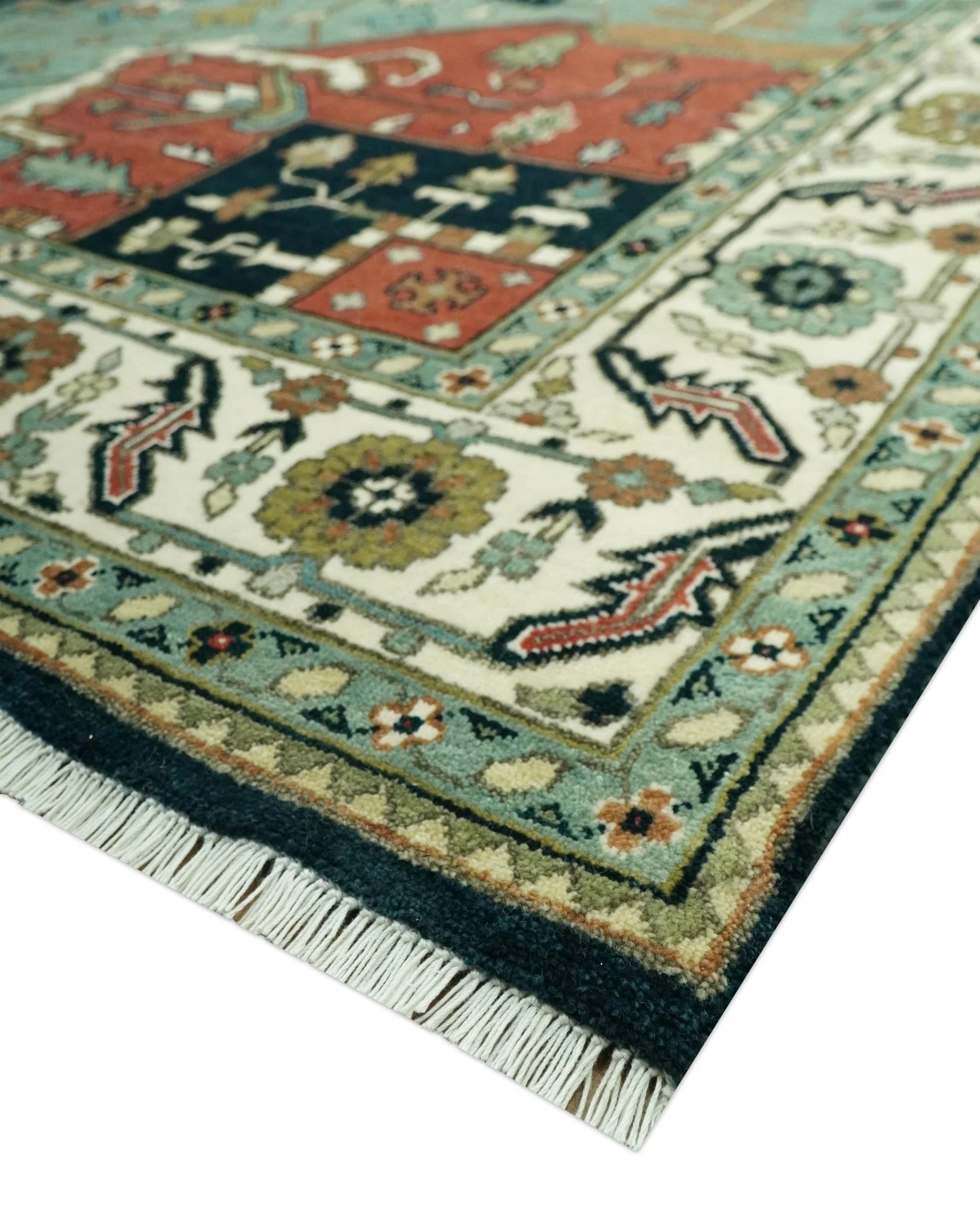 Antique Design Rust, Teal and Green Fine Hand knotted Traditional Heriz 9x12 wool area rug - Image 5