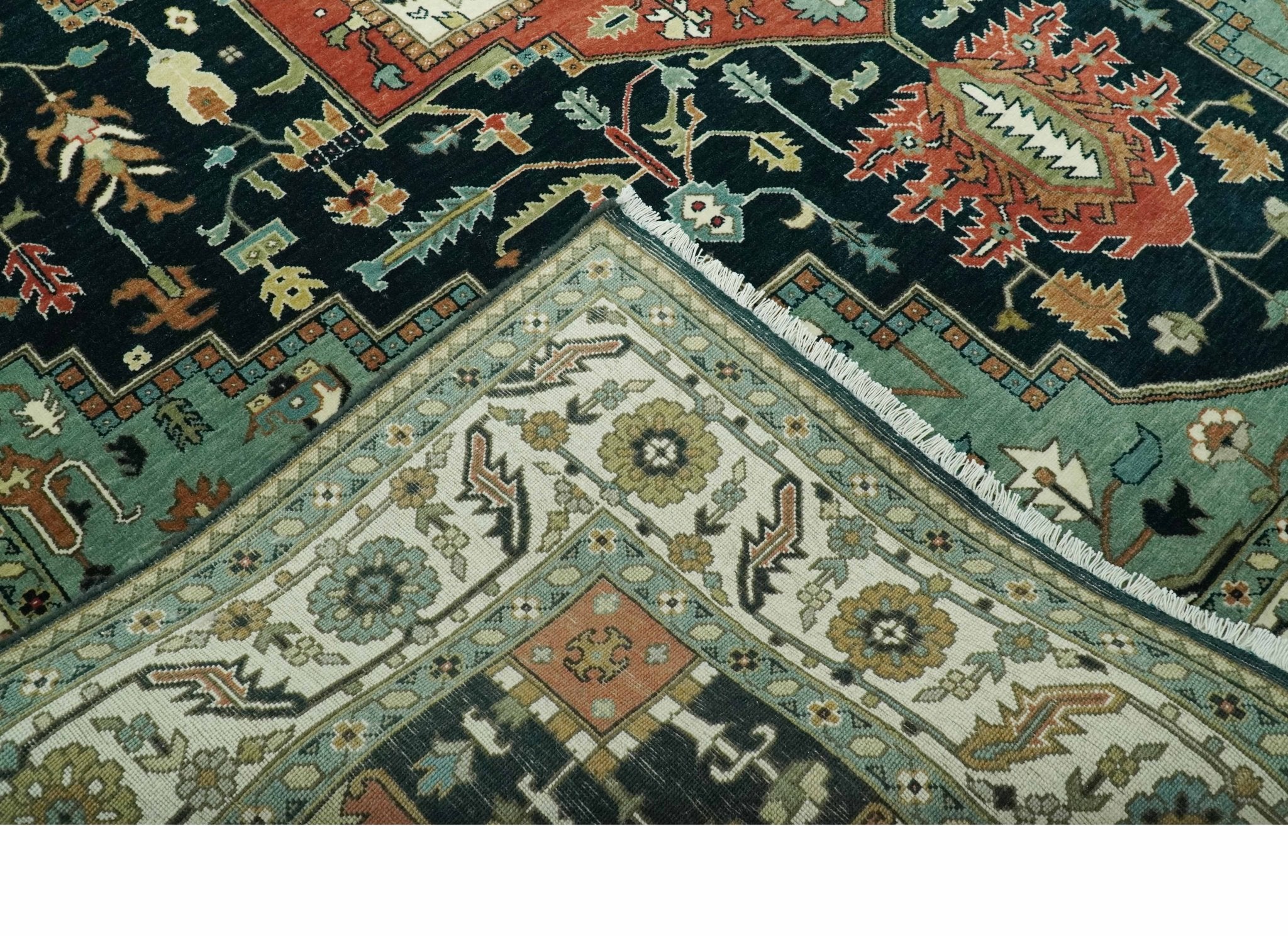 Antique Design Rust, Teal and Green Fine Hand knotted Traditional Heriz 9x12 wool area rug - Image 7