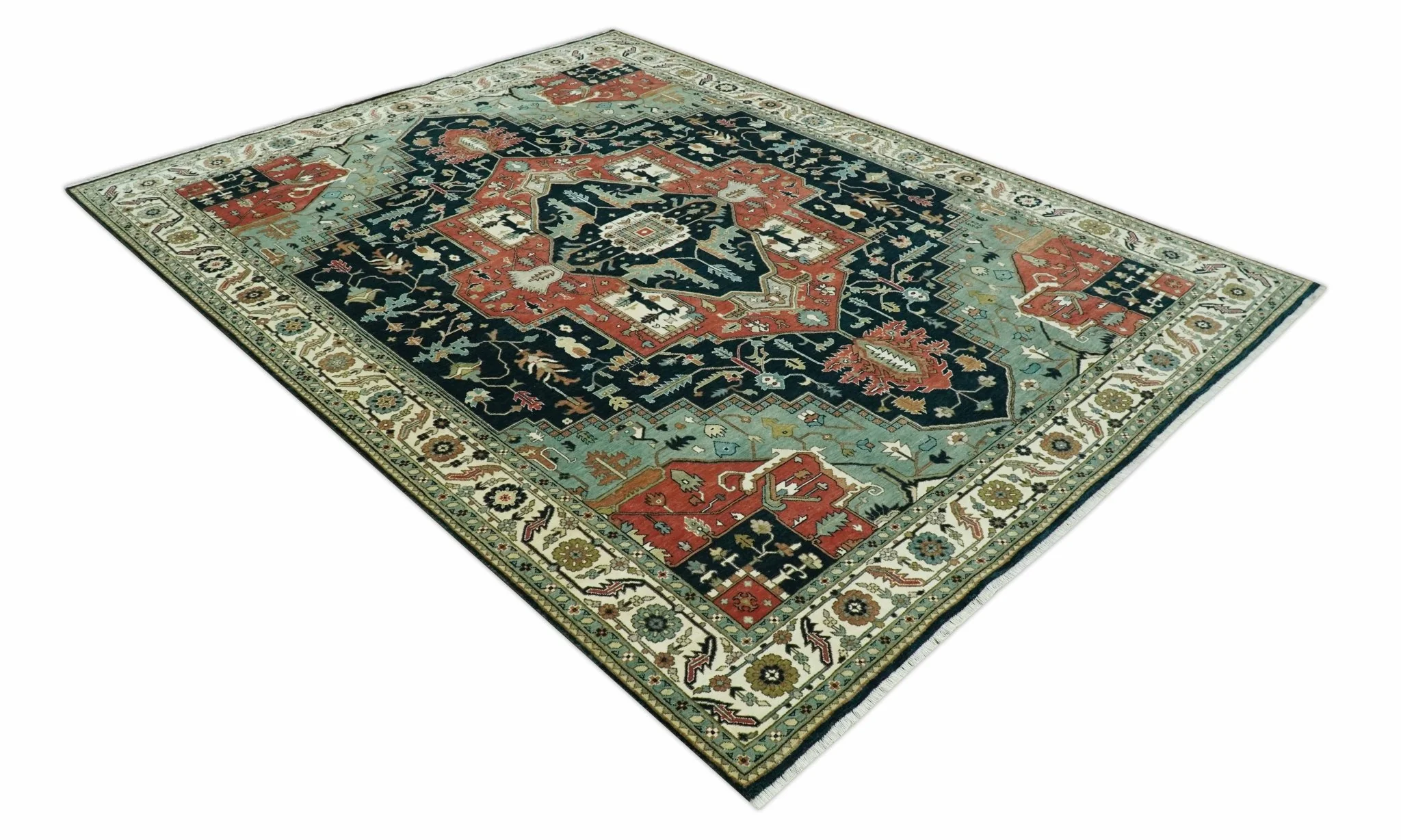 Antique Design Rust, Teal and Green Fine Hand knotted Traditional Heriz 9x12 wool area rug - Image 9