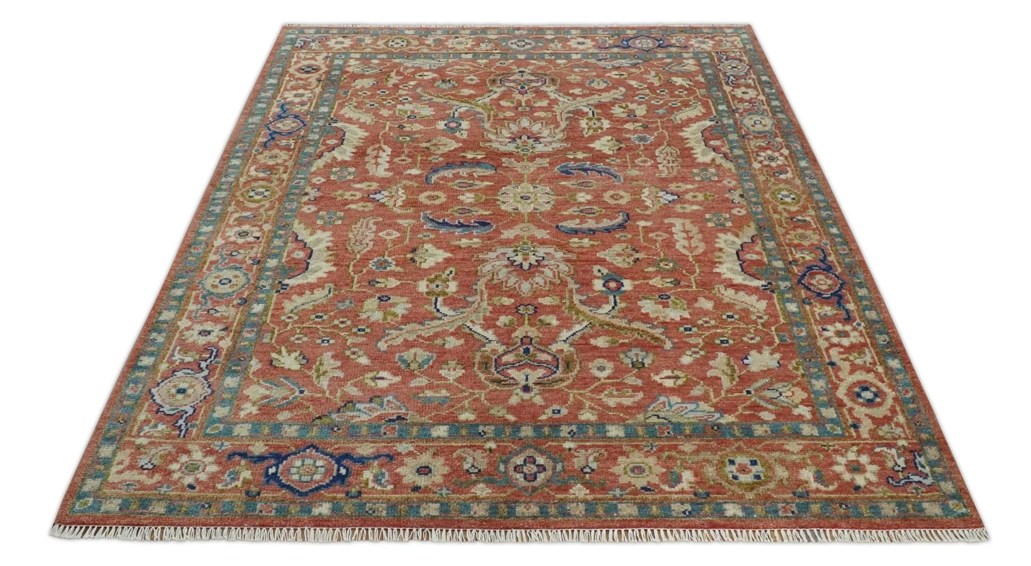 Custom Made Antique Floral Style Rust, Teal, Ivory and Olive Hand Knotted Oriental Oushak Wool Area Rug - Image 11