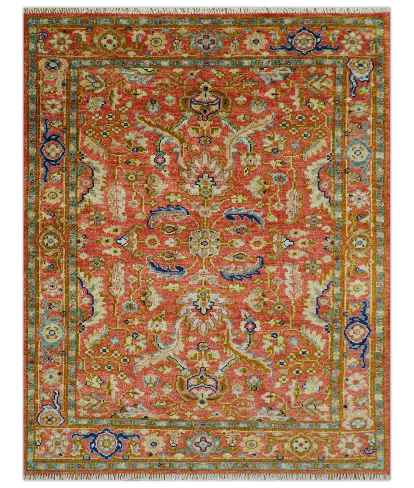 Custom Made Antique Floral Style Rust, Teal, Ivory and Olive Hand Knotted Oriental Oushak Wool Area Rug - Image 13