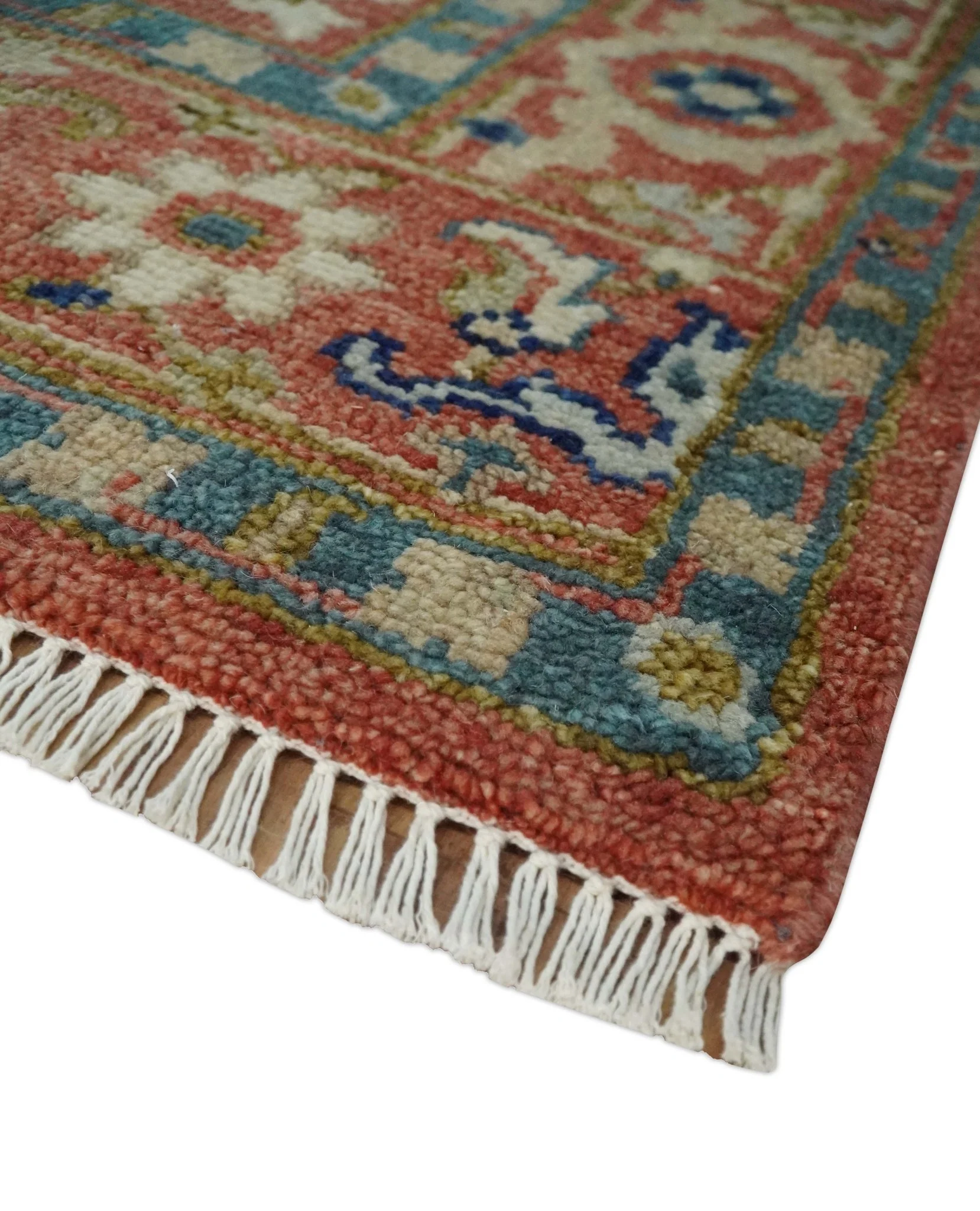 Custom Made Antique Floral Style Rust, Teal, Ivory and Olive Hand Knotted Oriental Oushak Wool Area Rug - Image 5