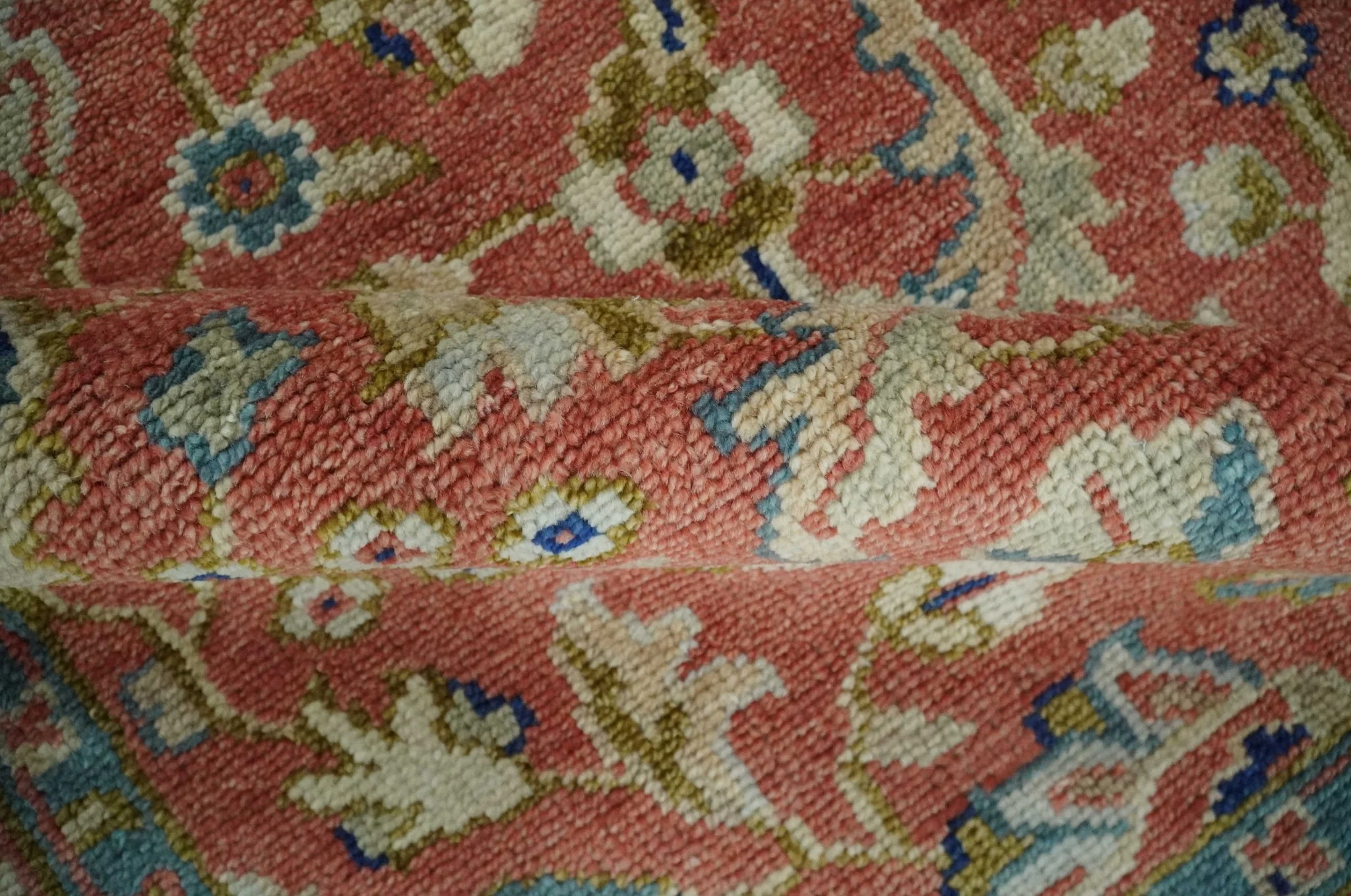 Custom Made Antique Floral Style Rust, Teal, Ivory and Olive Hand Knotted Oriental Oushak Wool Area Rug - Image 6