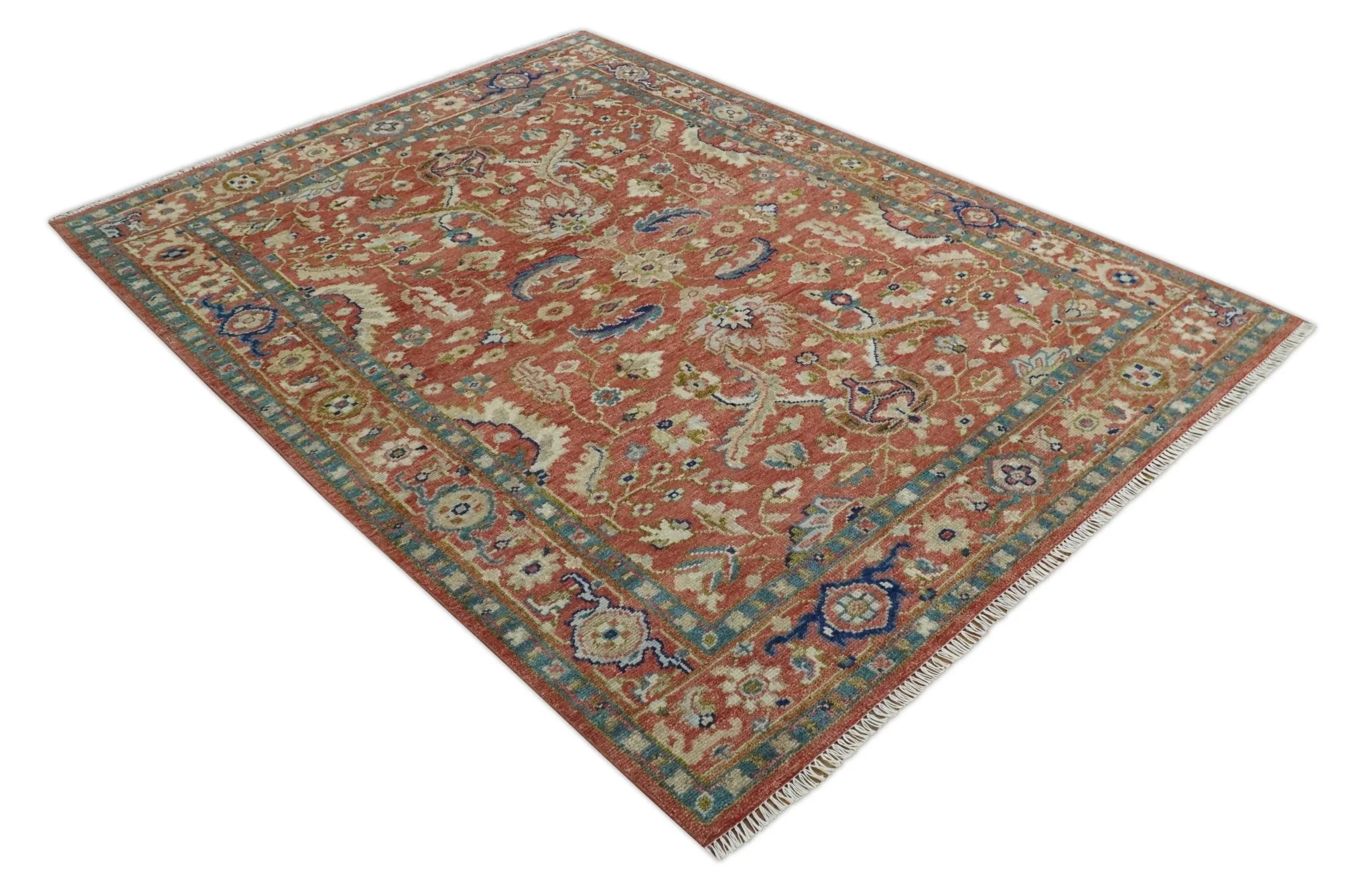 Antique Floral Style Rust, Teal, Ivory and Olive Hand Knotted Oriental Oushak 8x10 Wool Area Rug - Image 10