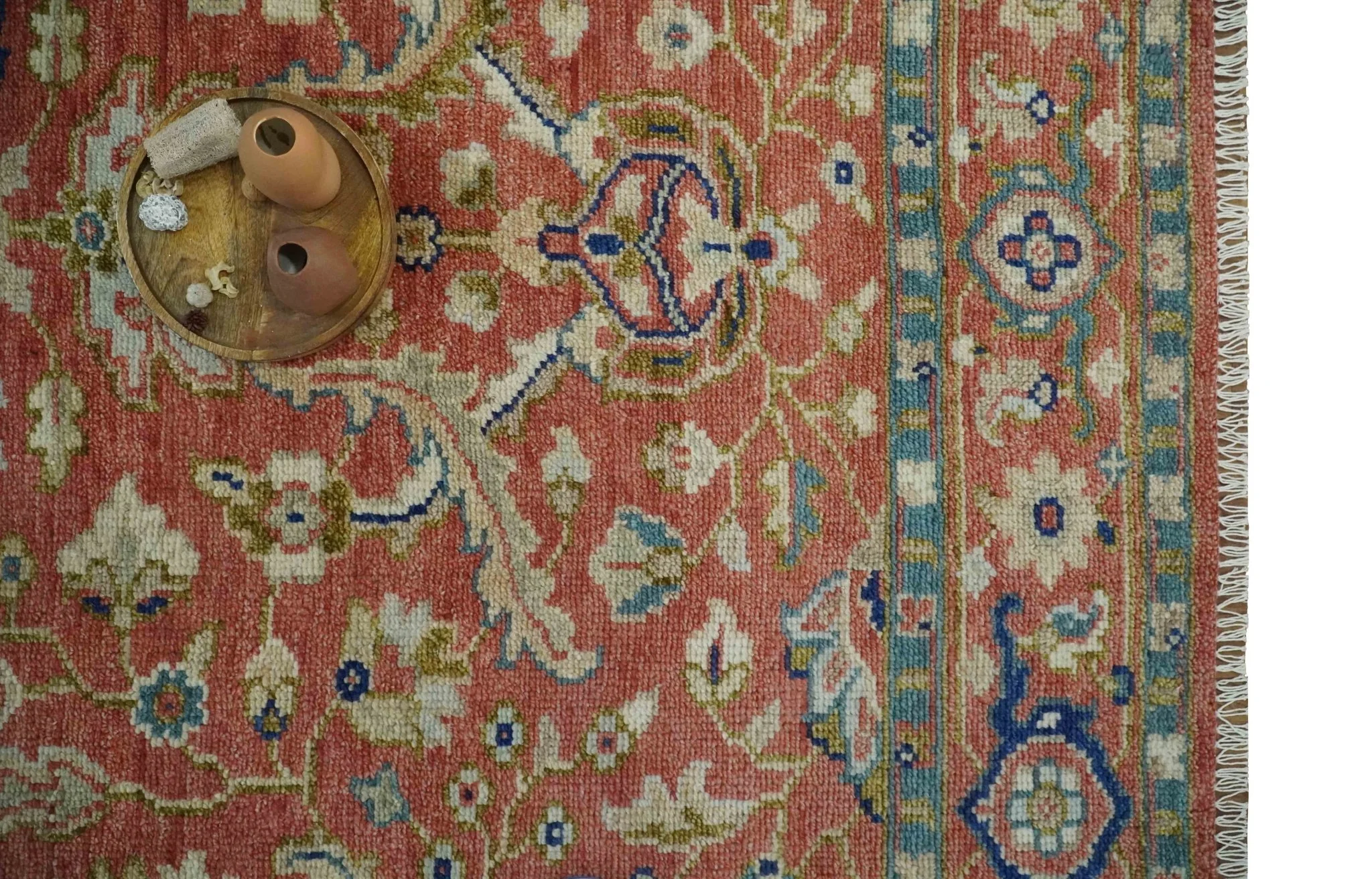 Antique Floral Style Rust, Teal, Ivory and Olive Hand Knotted Oriental Oushak 8x10 Wool Area Rug - Image 12