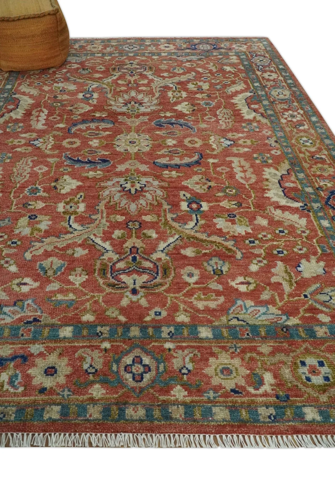 Antique Floral Style Rust, Teal, Ivory and Olive Hand Knotted Oriental Oushak 8x10 Wool Area Rug - Image 3