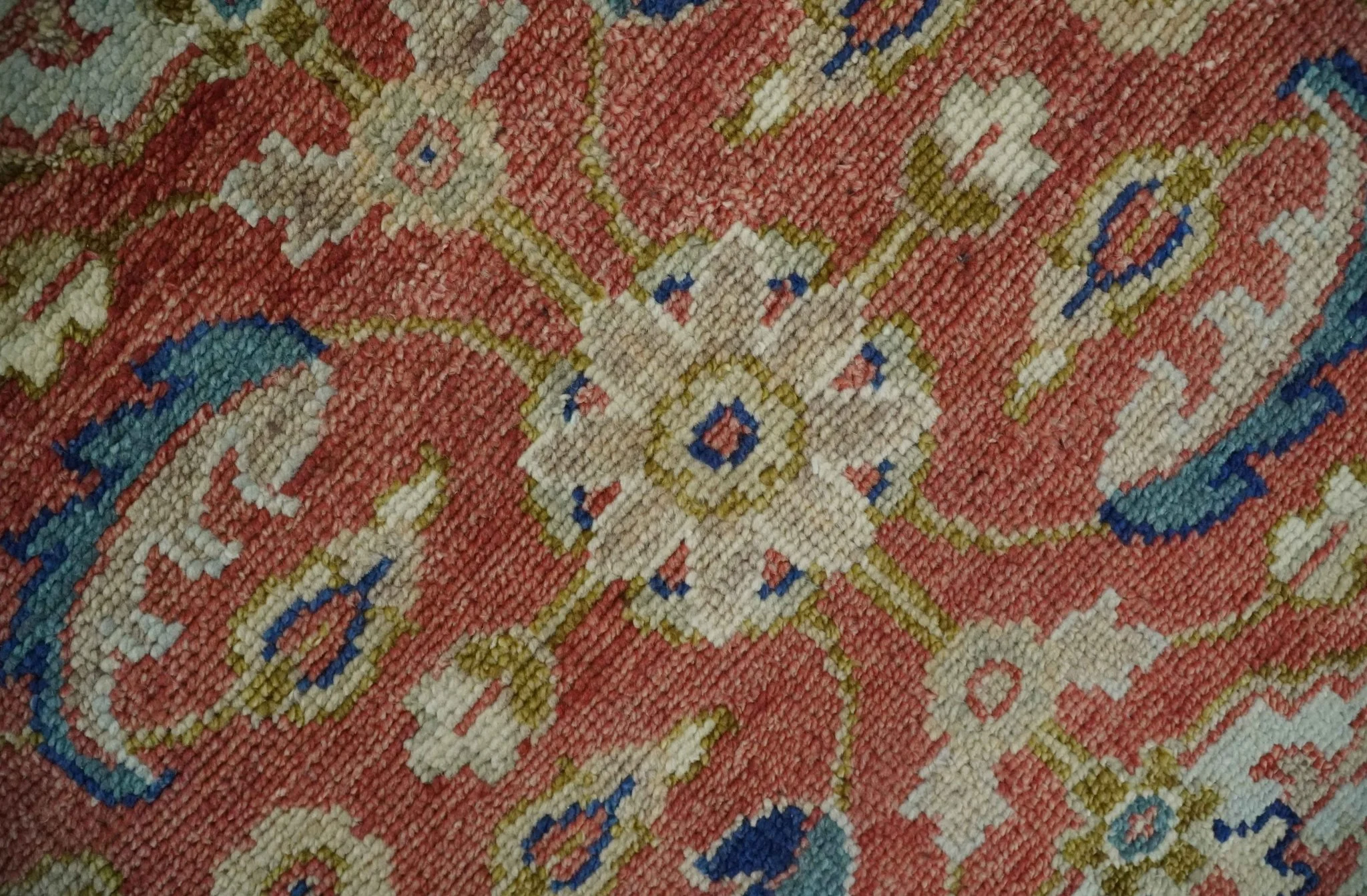 Antique Floral Style Rust, Teal, Ivory and Olive Hand Knotted Oriental Oushak 8x10 Wool Area Rug - Image 4