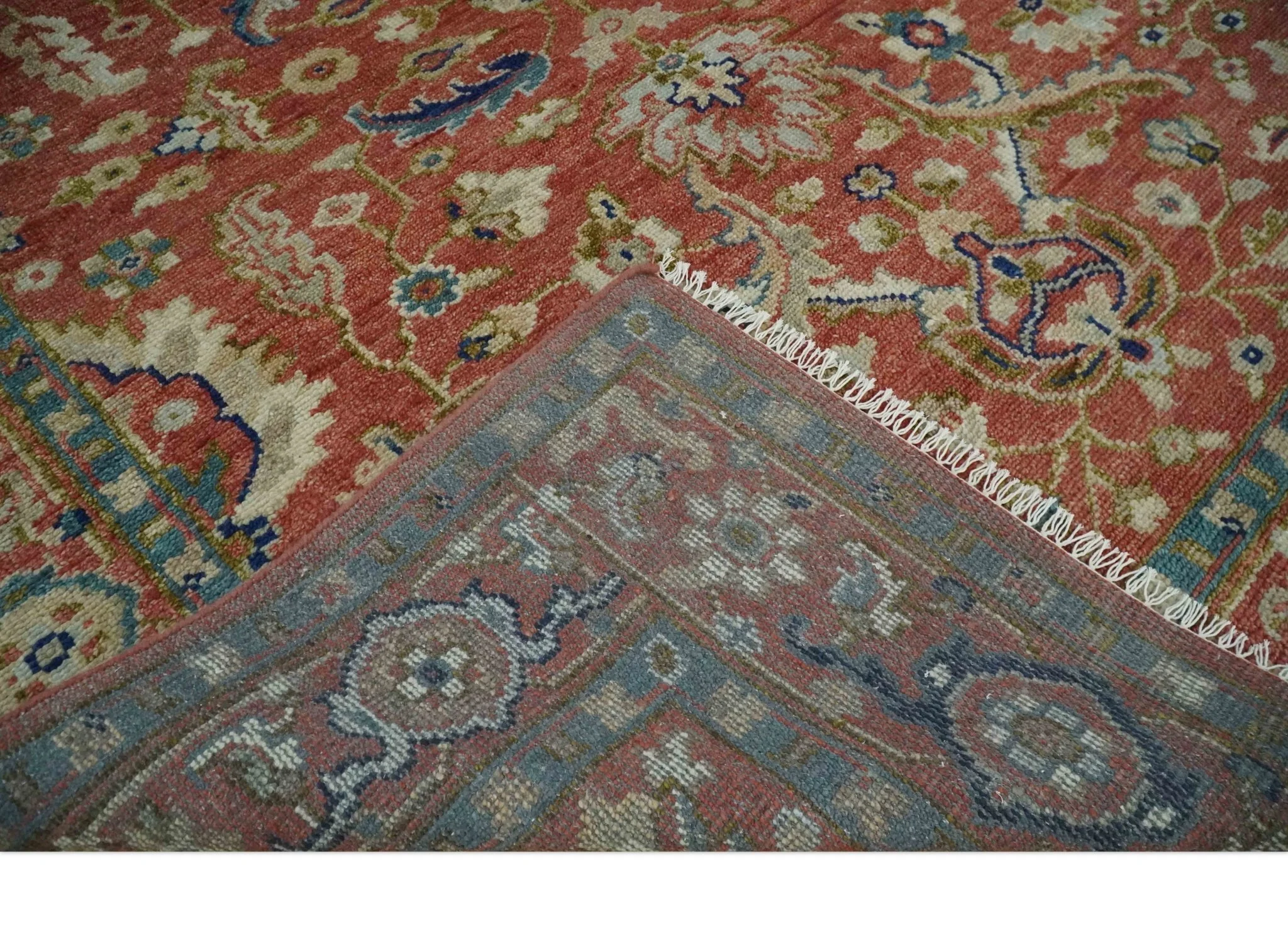 Antique Floral Style Rust, Teal, Ivory and Olive Hand Knotted Oriental Oushak 8x10 Wool Area Rug - Image 7