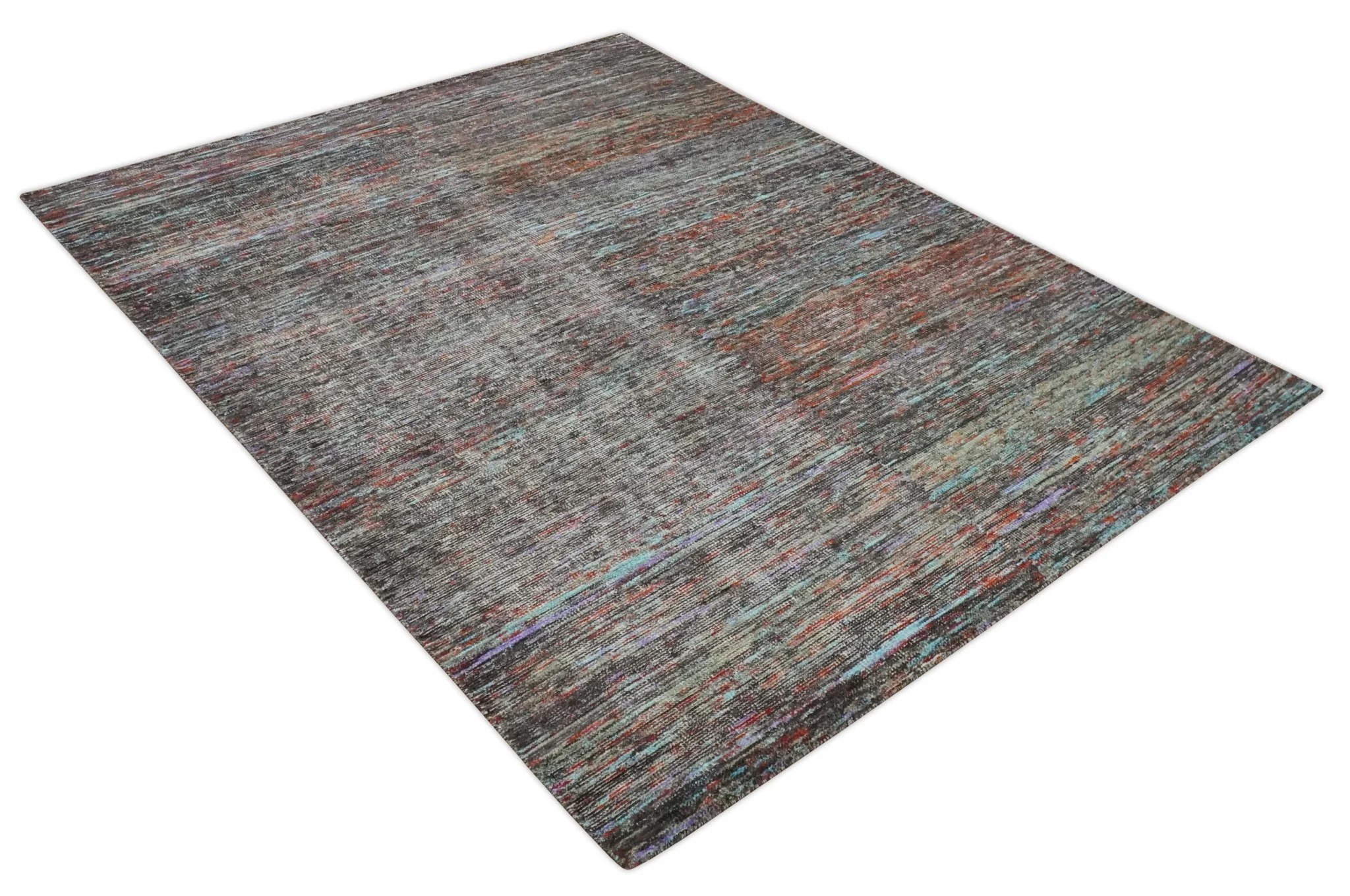 Vibrant Colorful Rust, Violet, Charcoal, Silver and Aqua Modern Abstract Flat Woven 8x10 wool Area Rug - Image 10