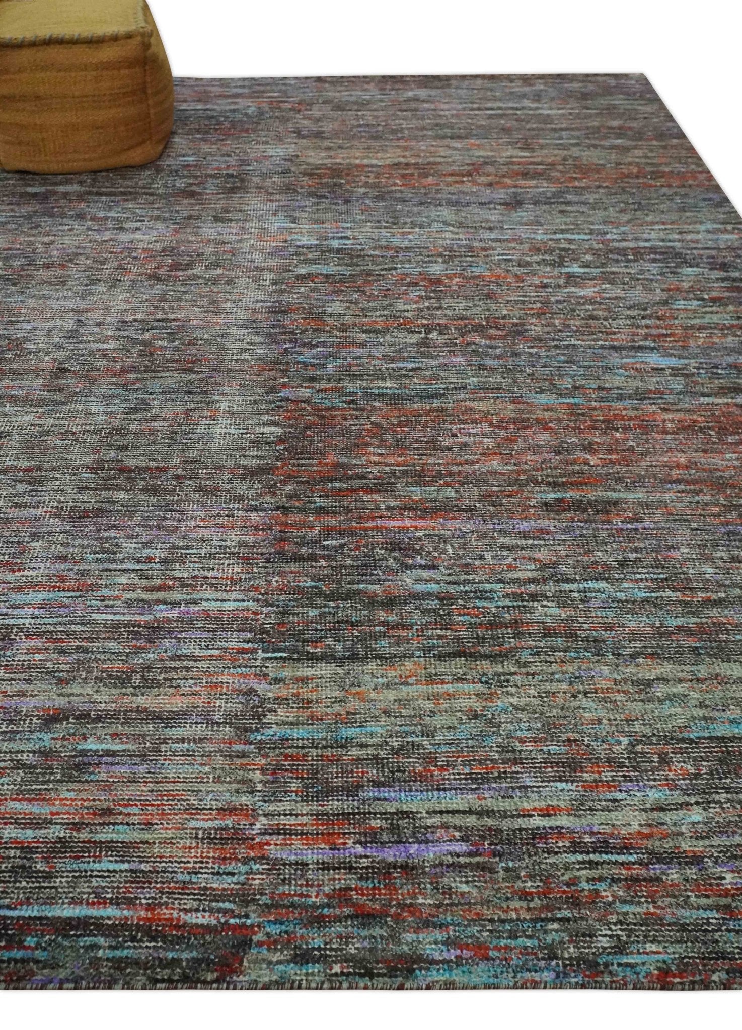 Vibrant Colorful Rust, Violet, Charcoal, Silver and Aqua Modern Abstract Flat Woven 8x10 wool Area Rug - Image 3