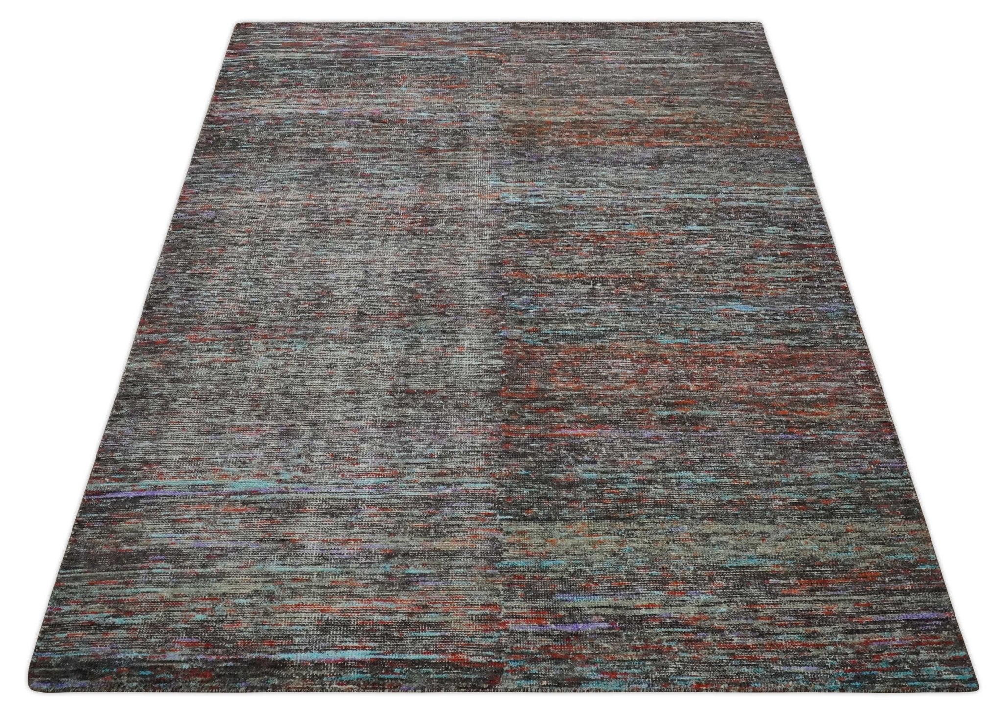 Vibrant Colorful Rust, Violet, Charcoal, Silver and Aqua Modern Abstract Flat Woven 8x10 wool Area Rug - Image 9