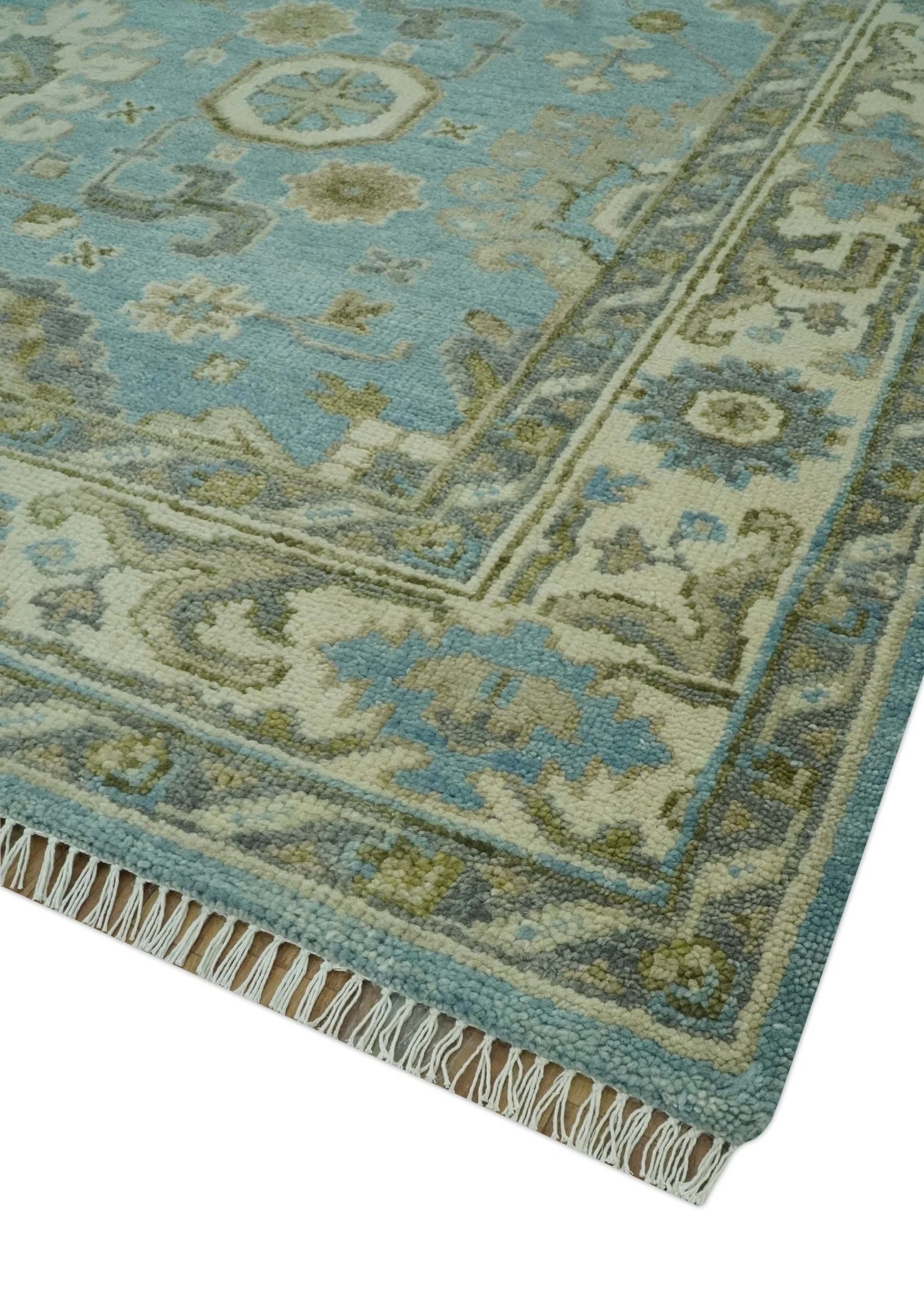 Sea Blue, Green and Ivory 8x10 Hand Knotted Traditional Oriental Oushak wool rug - Image 5