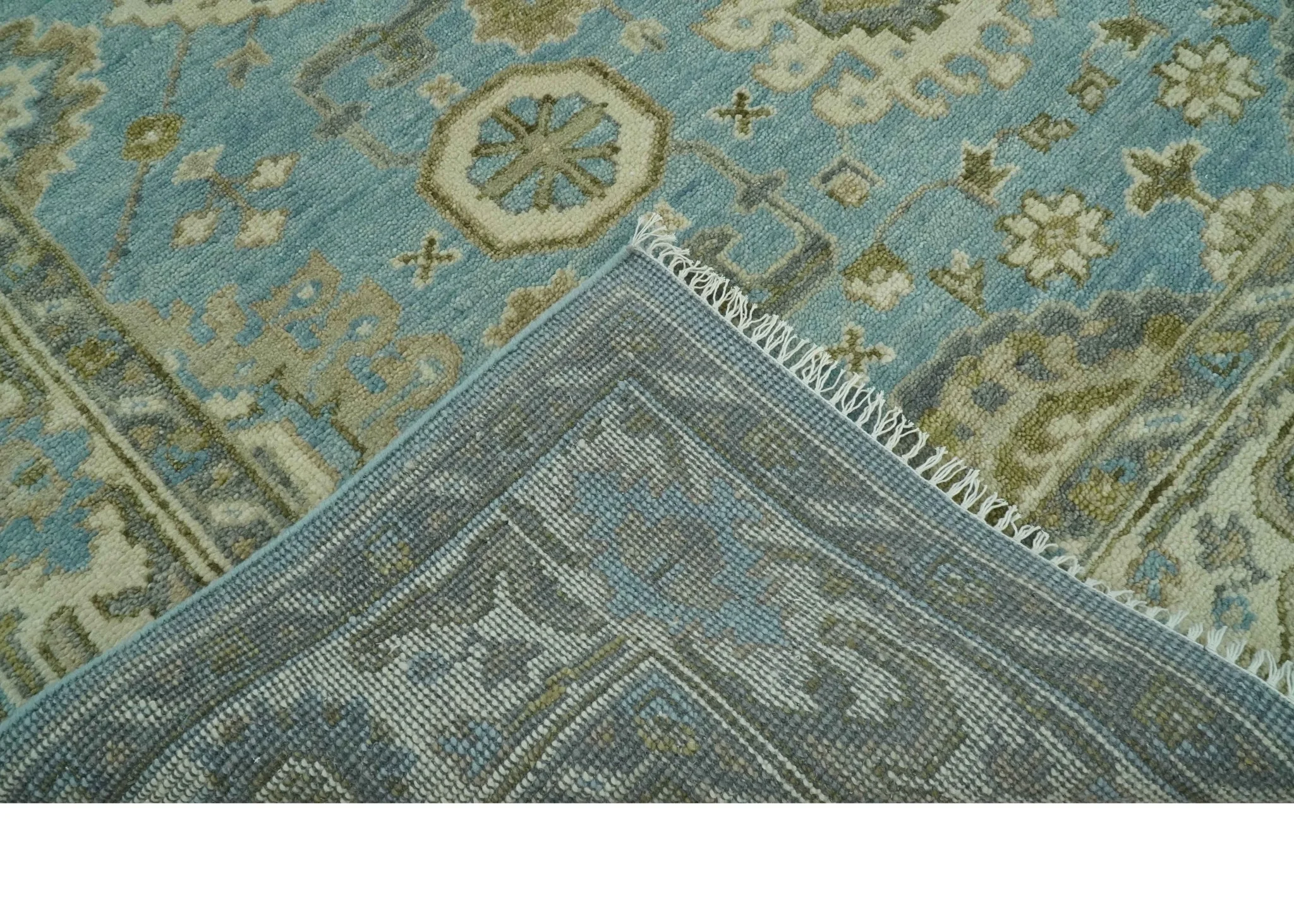 Sea Blue, Green and Ivory 8x10 Hand Knotted Traditional Oriental Oushak wool rug - Image 7