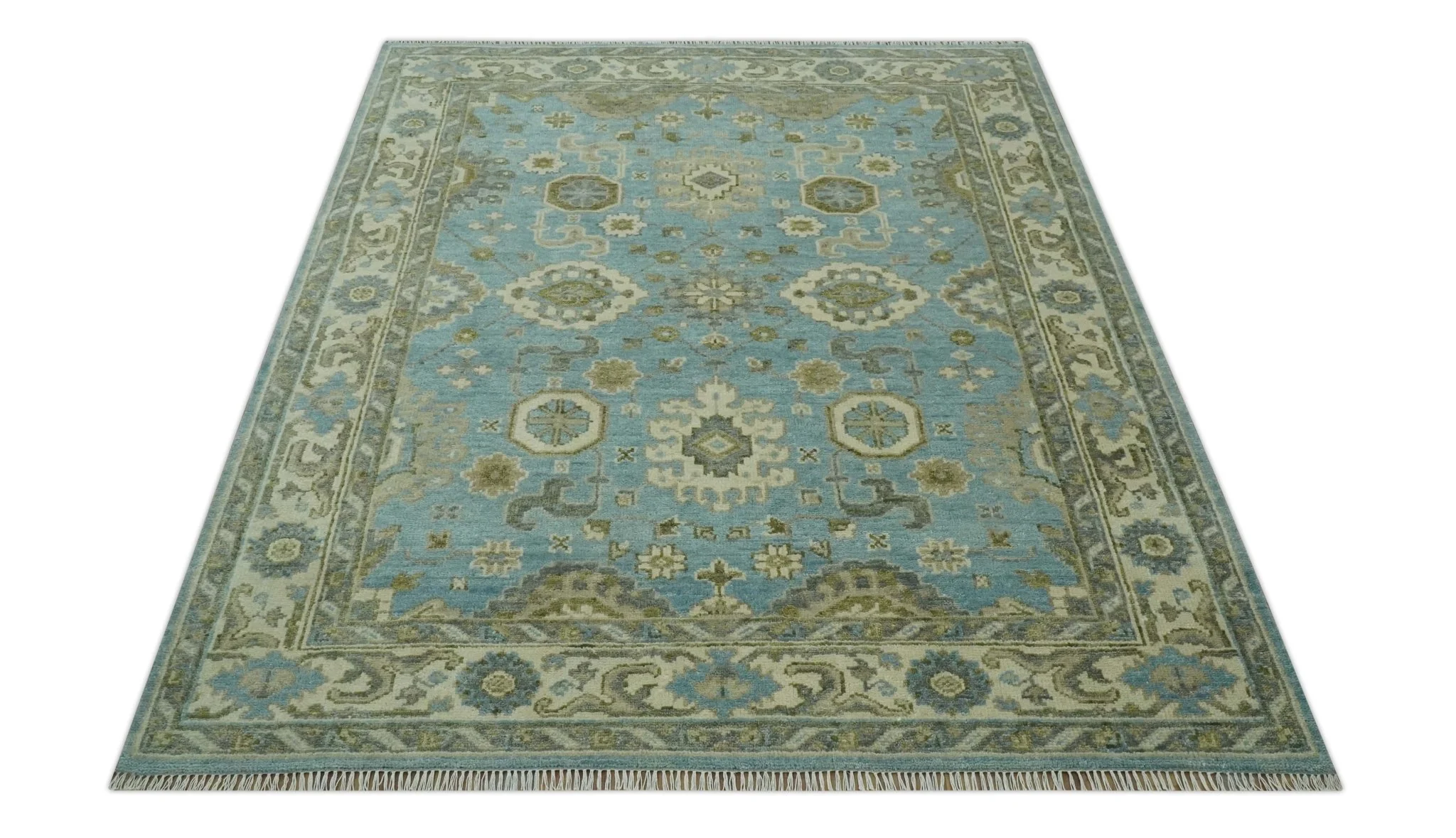 Sea Blue, Green and Ivory Hand Knotted Traditional Oushak Custom Made wool rug - Image 10
