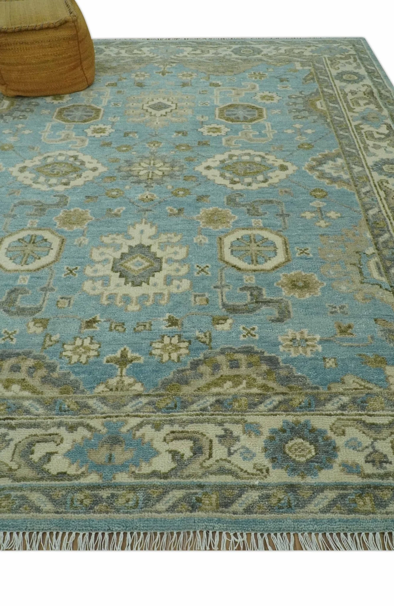 Sea Blue, Green and Ivory Hand Knotted Traditional Oushak Custom Made wool rug - Image 3