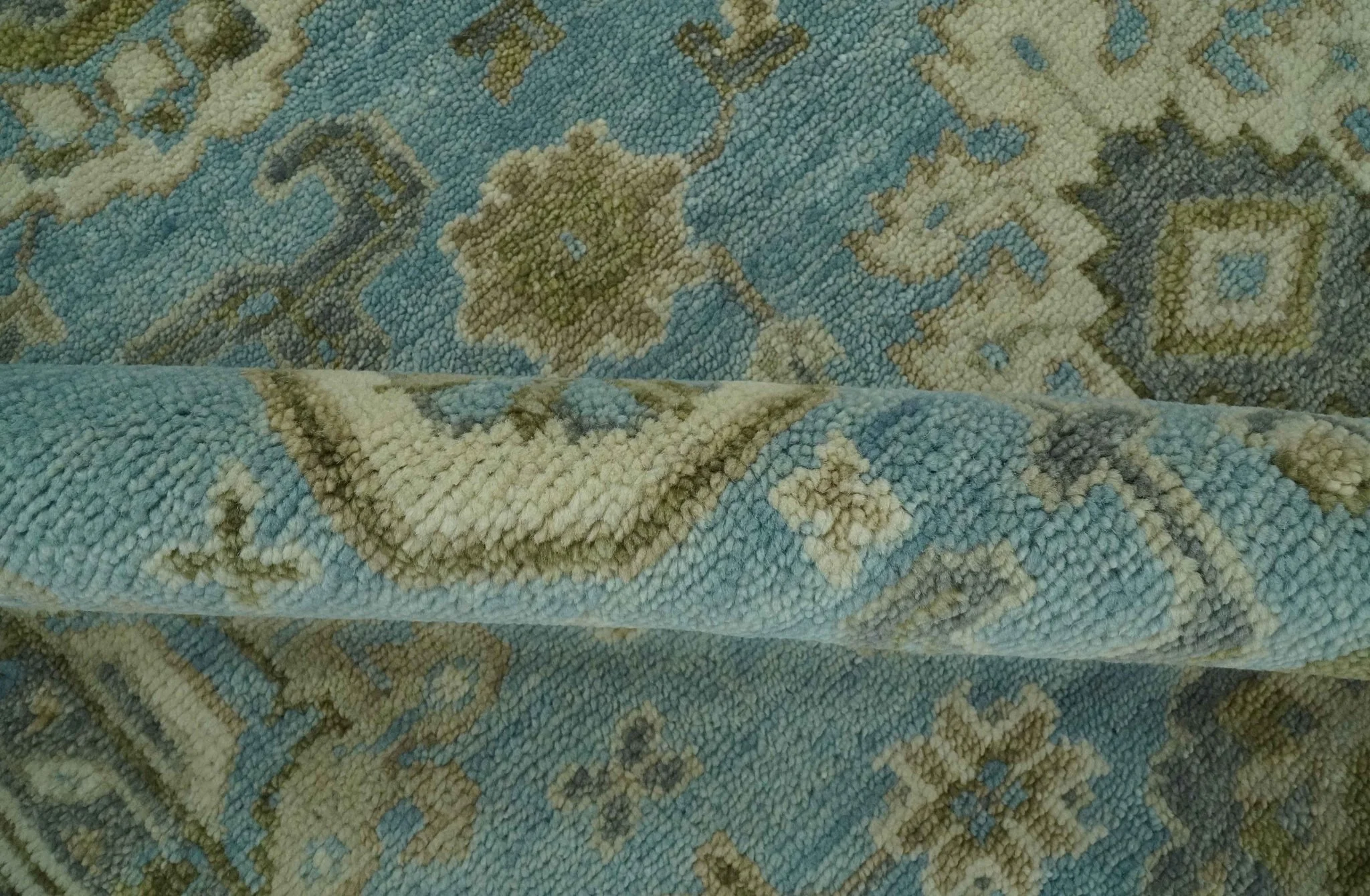 Sea Blue, Green and Ivory Hand Knotted Traditional Oushak Custom Made wool rug - Image 6