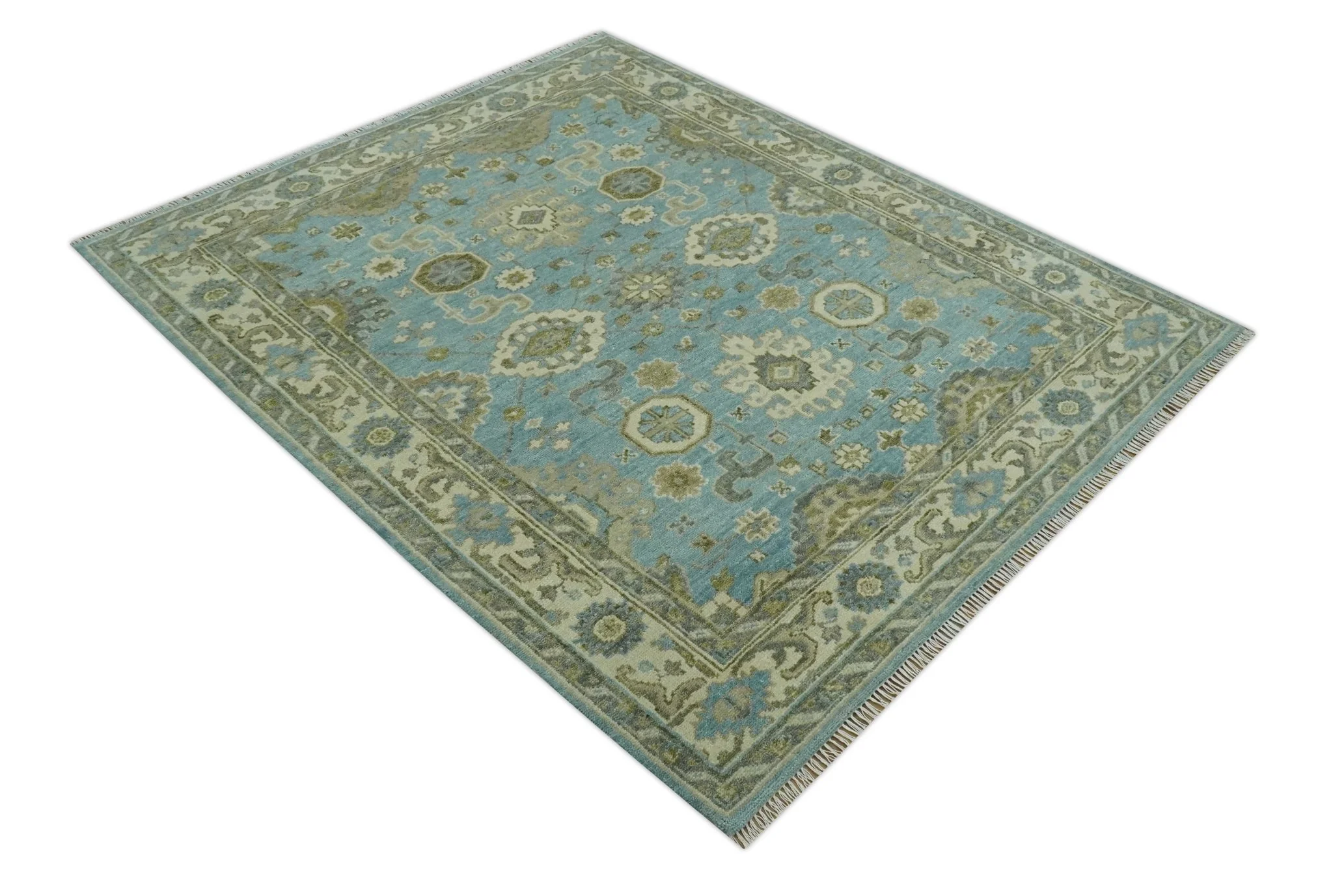 Sea Blue, Green and Ivory Hand Knotted Traditional Oushak Custom Made wool rug - Image 9