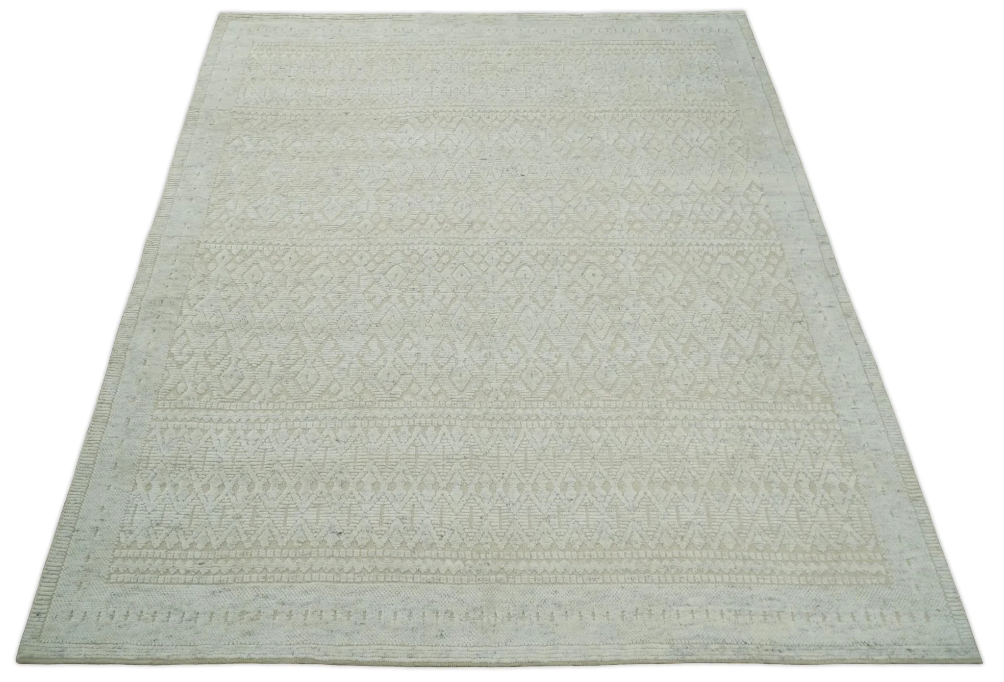 Shabby Chic 8x10 Hand Knotted Woolen Modern Contemporary Beige and Ivory Tribal Area Rug | TRI53742 - Image 10