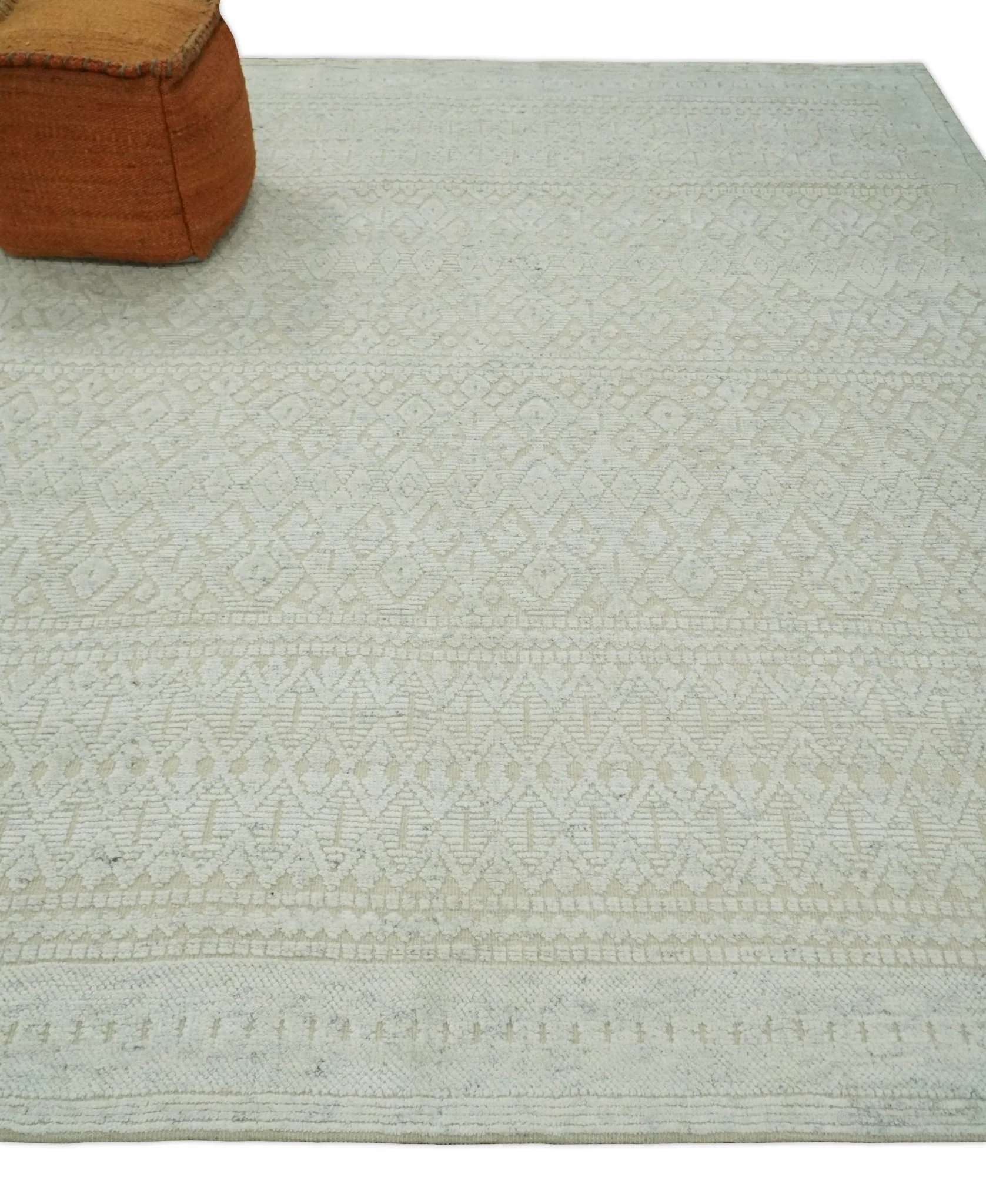 Shabby Chic 8x10 Hand Knotted Woolen Modern Contemporary Beige and Ivory Tribal Area Rug | TRI53742 - Image 3