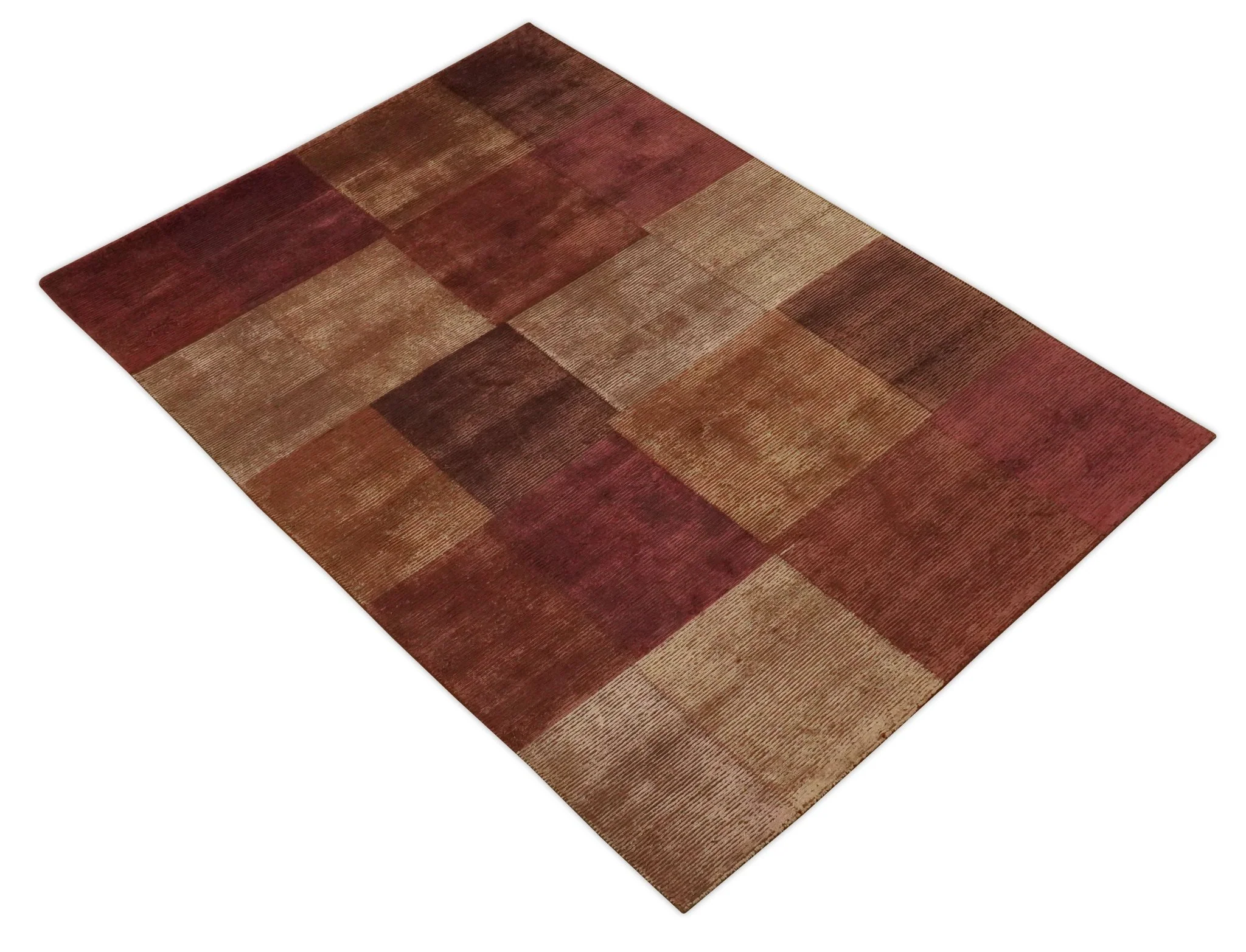 Modern Geometrical Square Shades of Brown Hand Knotted Stripes texture 4.6x6.6 wool and art silk Area rug - Image 10