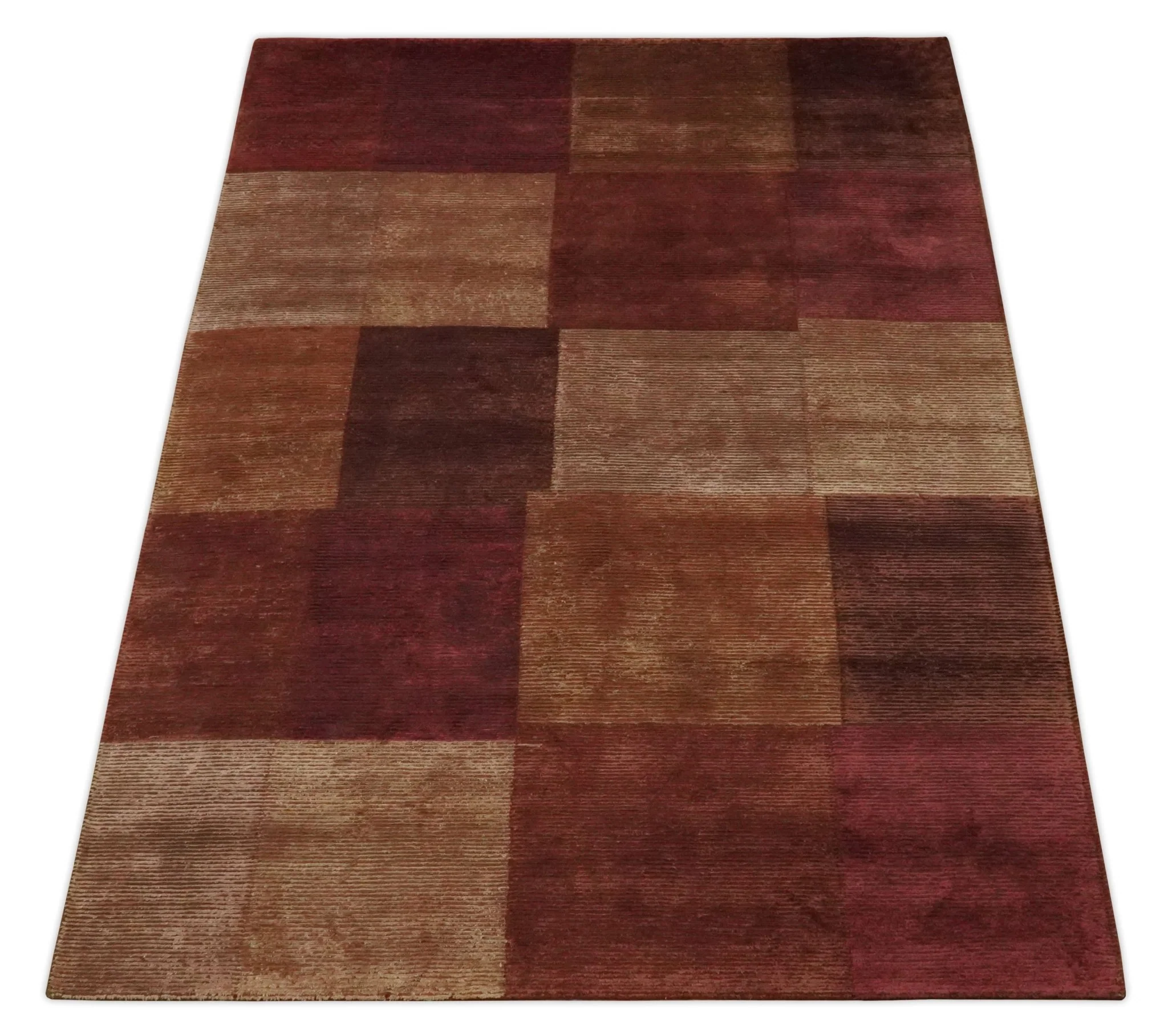 Modern Geometrical Square Shades of Brown Hand Knotted Stripes texture 4.6x6.6 wool and art silk Area rug - Image 11