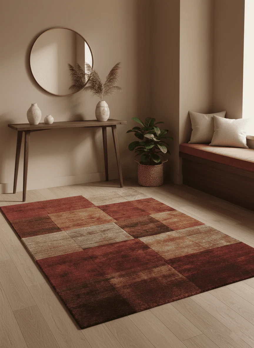 Modern Geometrical Square Shades of Brown Hand Knotted Stripes texture 4.6x6.6 wool and art silk Area rug - Image 2