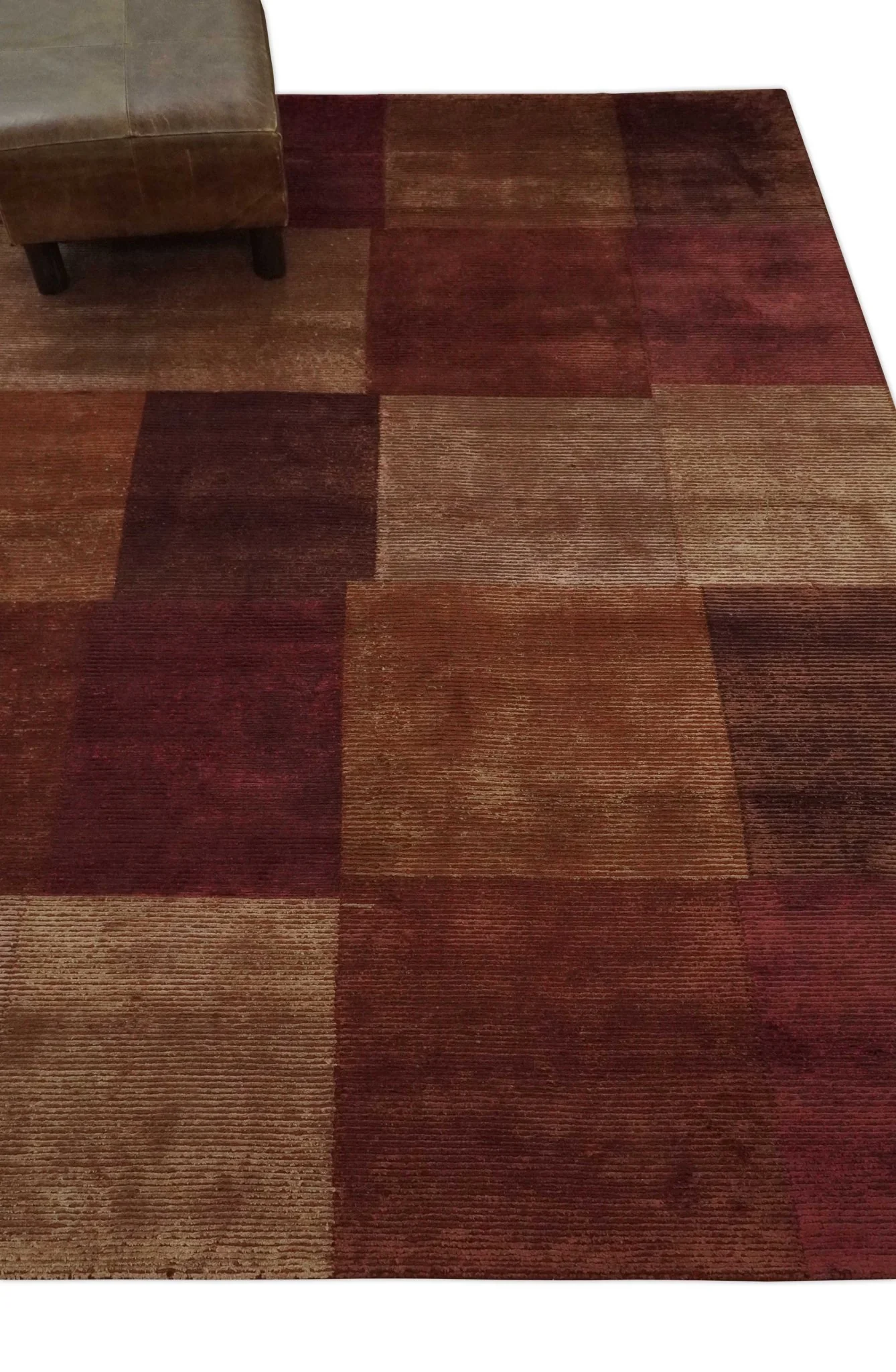Modern Geometrical Square Shades of Brown Hand Knotted Stripes texture 4.6x6.6 wool and art silk Area rug - Image 4