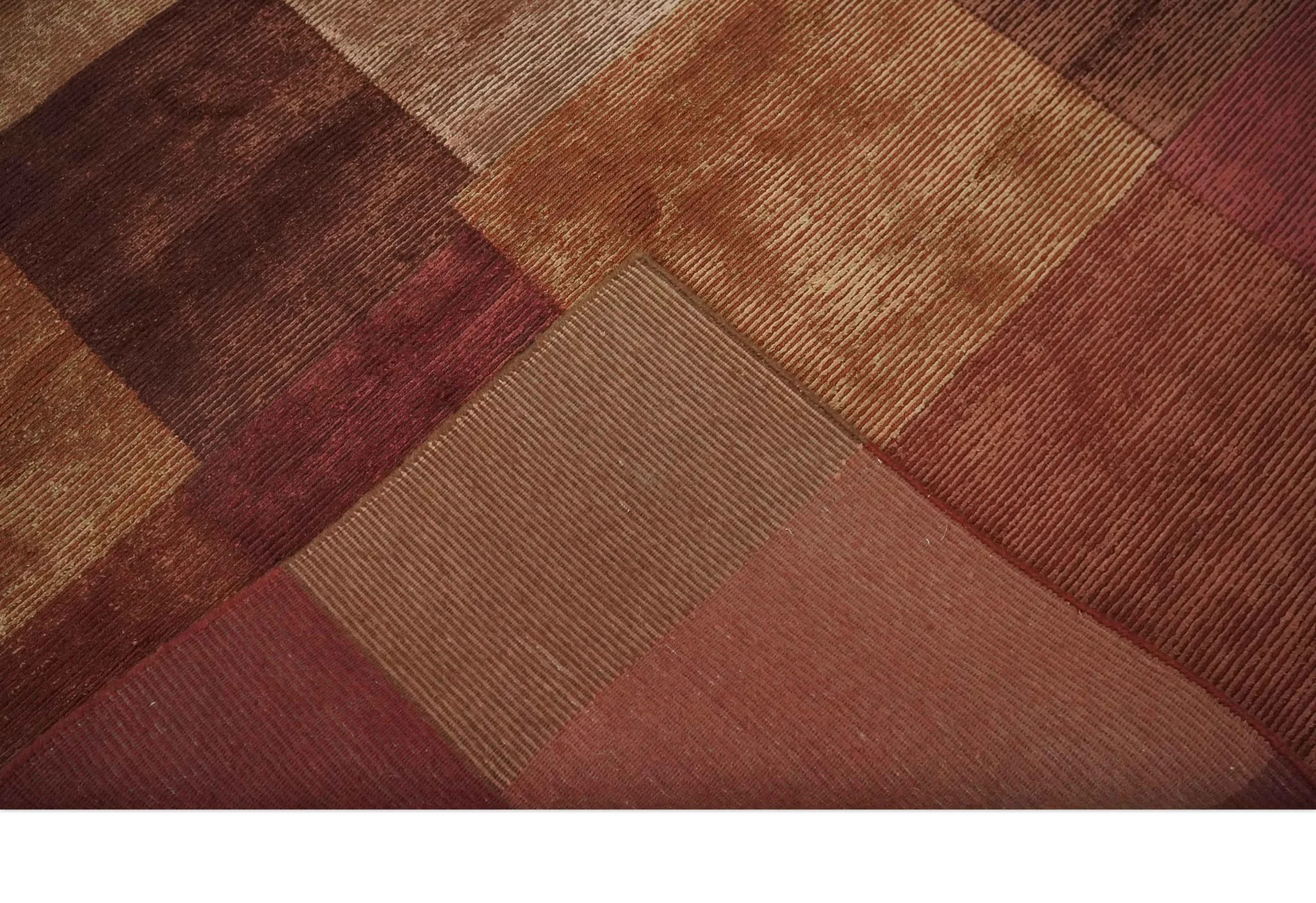 Modern Geometrical Square Shades of Brown Hand Knotted Stripes texture 4.6x6.6 wool and art silk Area rug - Image 8